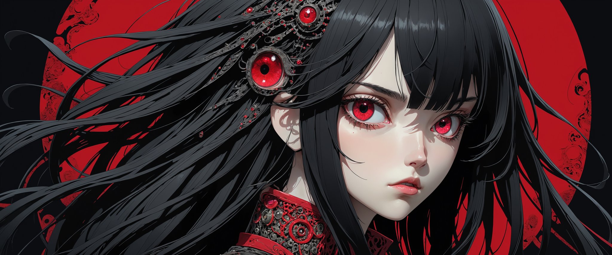 style of Tsutomu Nihei,
(incredibly absurdres, (high resolution:1.18), intricate detail, (masterpiece:1.1), (highest quality:1.1), absurdres) 
BREAK 
(1girl, solo, portrait, black hair, ruby eyes, long hair, detailed eyes), black background