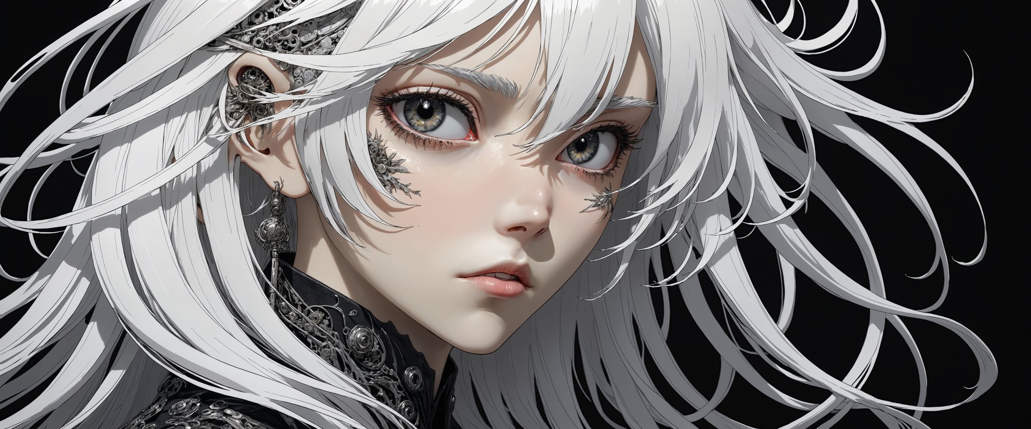 style of Tsutomu Nihei,
(incredibly absurdres, (high resolution:1.18), intricate detail, (masterpiece:1.1), (highest quality:1.1), absurdres) BREAK (1girl, solo, portrait, white hair, white eyes, long hair, detailed eyes), (black background)