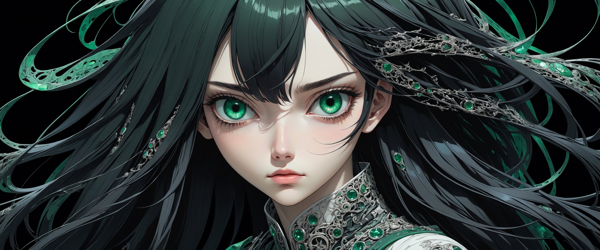 style of Tsutomu Nihei,
(incredibly absurdres, (high resolution:1.18), intricate detail, (masterpiece:1.1), (highest quality:1.1), absurdres) 
BREAK 
(1girl, solo, portrait, black hair, emerald eyes, long hair, detailed eyes), black background