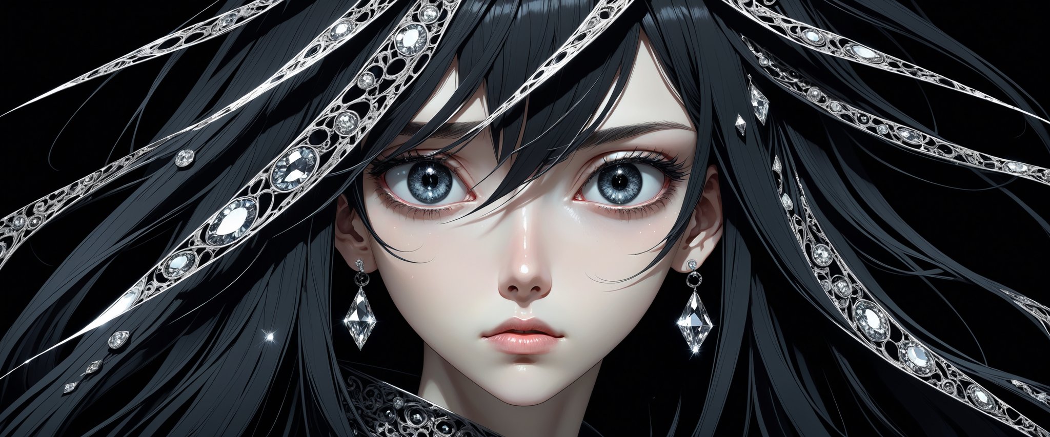 style of Tsutomu Nihei,
(incredibly absurdres, (high resolution:1.18), intricate detail, (masterpiece:1.1), (highest quality:1.1), absurdres) BREAK (1girl, solo, portrait, obsidian hair, diamond eyes, long hair, detailed eyes), (black background)