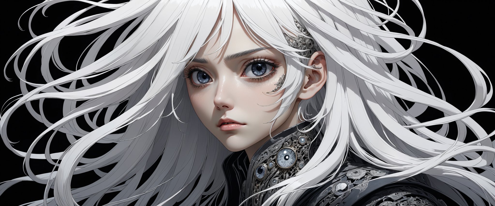 style of Tsutomu Nihei,
(incredibly absurdres, (high resolution:1.18), intricate detail, (masterpiece:1.1), (highest quality:1.1), absurdres) BREAK (1girl, solo, portrait, white hair, obsidian eyes, long hair, detailed eyes), black background