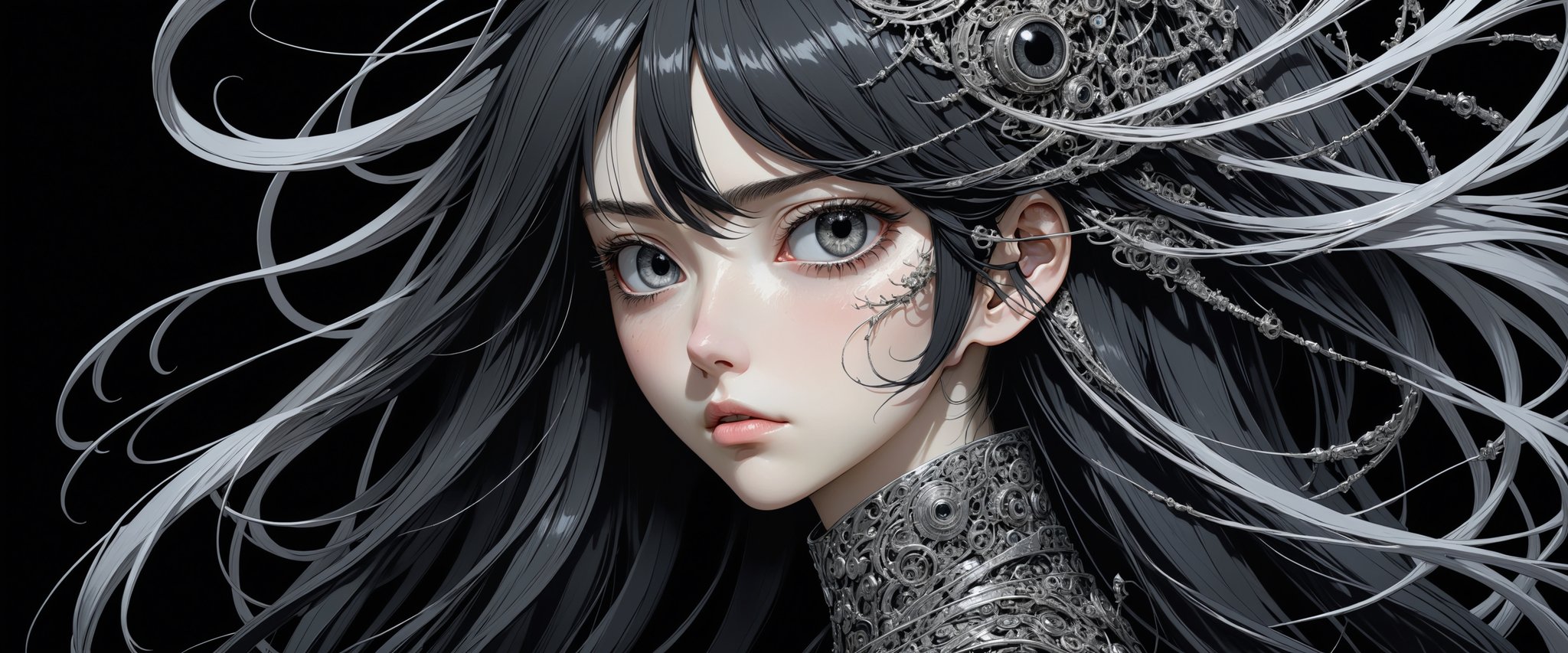 style of Tsutomu Nihei,
(incredibly absurdres, (high resolution:1.18), intricate detail, (masterpiece:1.1), (highest quality:1.1), absurdres) 
BREAK 
(1girl, solo, portrait, black hair, silver eyes, long hair, detailed eyes), (black background)