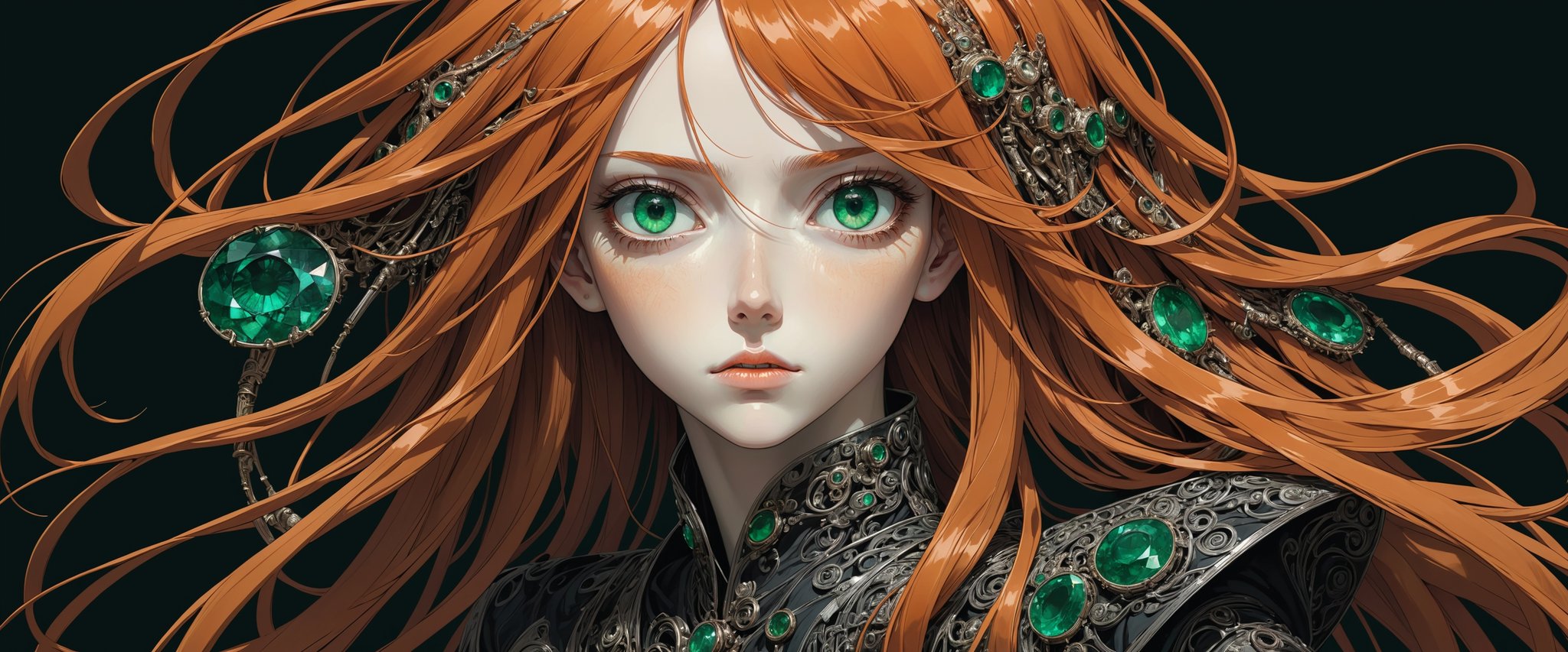 style of Tsutomu Nihei,
(incredibly absurdres, (high resolution:1.18), intricate detail, (masterpiece:1.1), (highest quality:1.1), absurdres) BREAK (1girl, solo, portrait, dark orange hair, emerald eyes, long hair, detailed eyes), (black background)