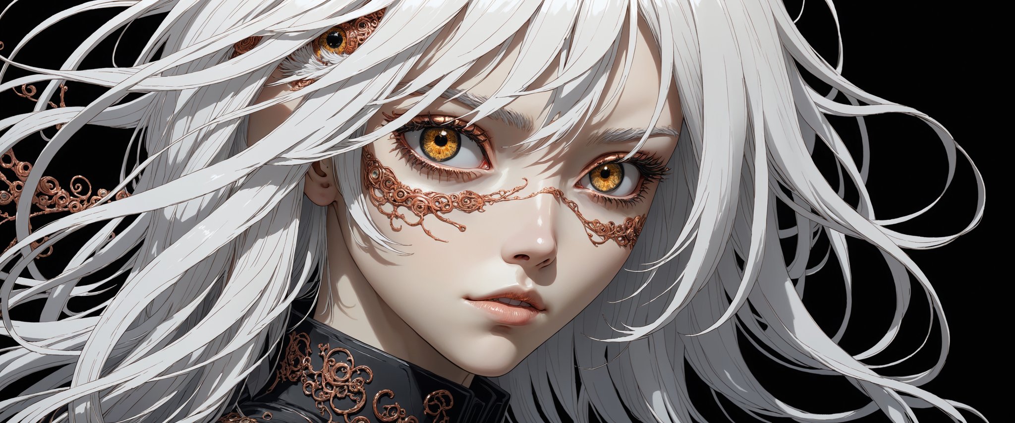 style of Tsutomu Nihei,
(incredibly absurdres, (high resolution:1.18), intricate detail, (masterpiece:1.1), (highest quality:1.1), absurdres) BREAK (1girl, solo, portrait, white hair, copper eyes, long hair, detailed eyes), (black background)