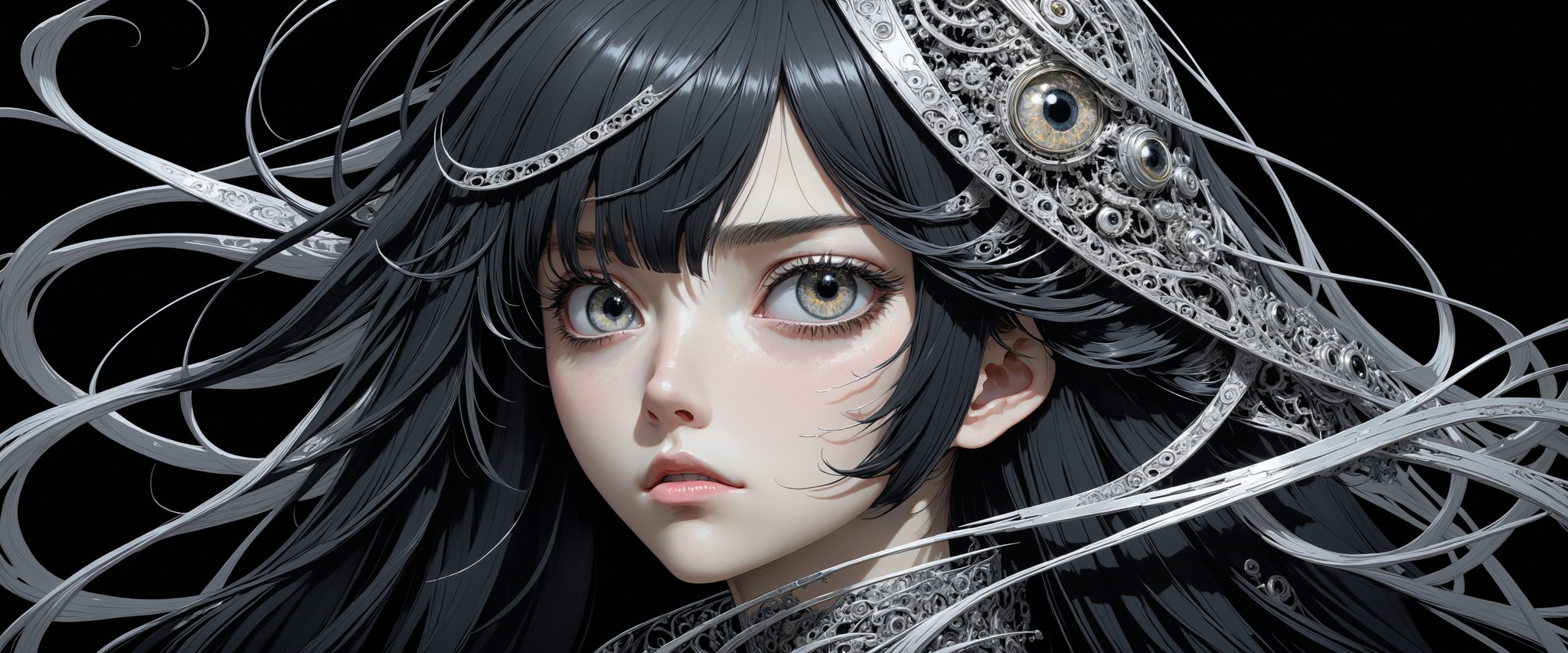 style of Tsutomu Nihei,
(incredibly absurdres, (high resolution:1.18), intricate detail, (masterpiece:1.1), (highest quality:1.1), absurdres) 
BREAK 
(1girl, solo, portrait, black hair, silver eyes, long hair, detailed eyes), (black background)