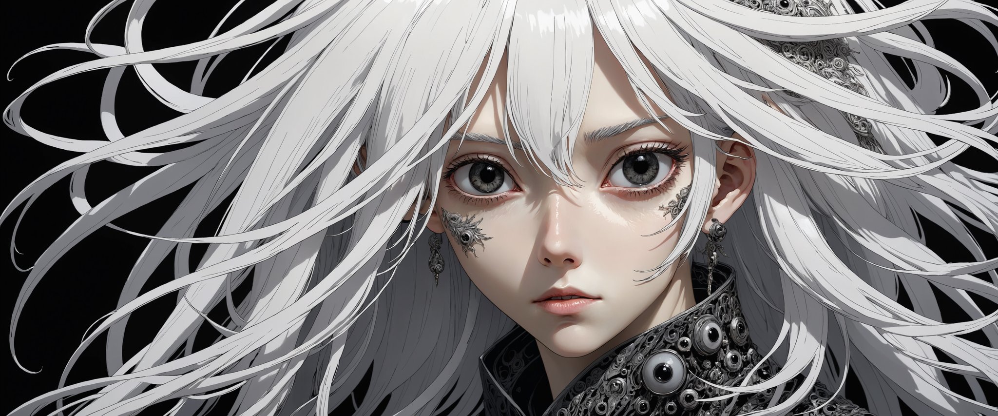 style of Tsutomu Nihei,
(incredibly absurdres, (high resolution:1.18), intricate detail, (masterpiece:1.1), (highest quality:1.1), absurdres) BREAK (1girl, solo, portrait, white hair, black eyes, long hair, detailed eyes), (black background)