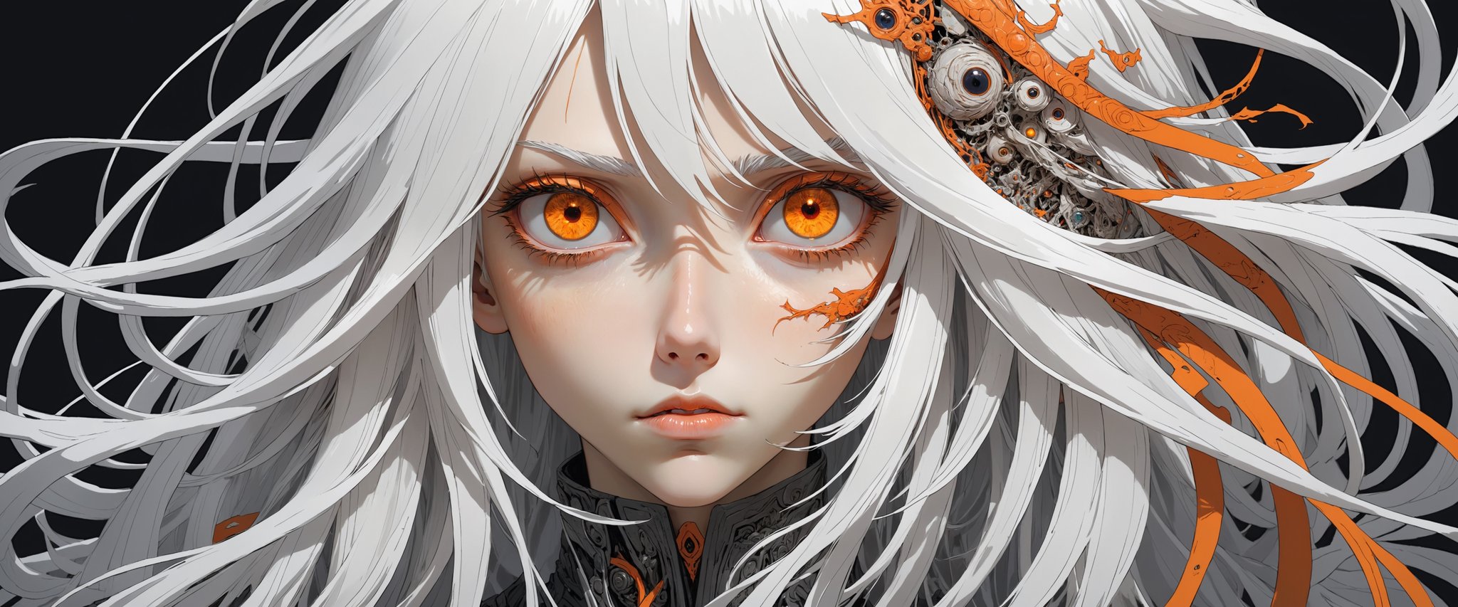 style of Tsutomu Nihei,(incredibly absurdres, (high resolution:1.18), intricate detail, (masterpiece:1.1), (highest quality:1.1), absurdres) BREAK (1girl, solo, portrait, white hair, orange eyes, long hair, detailed eyes),