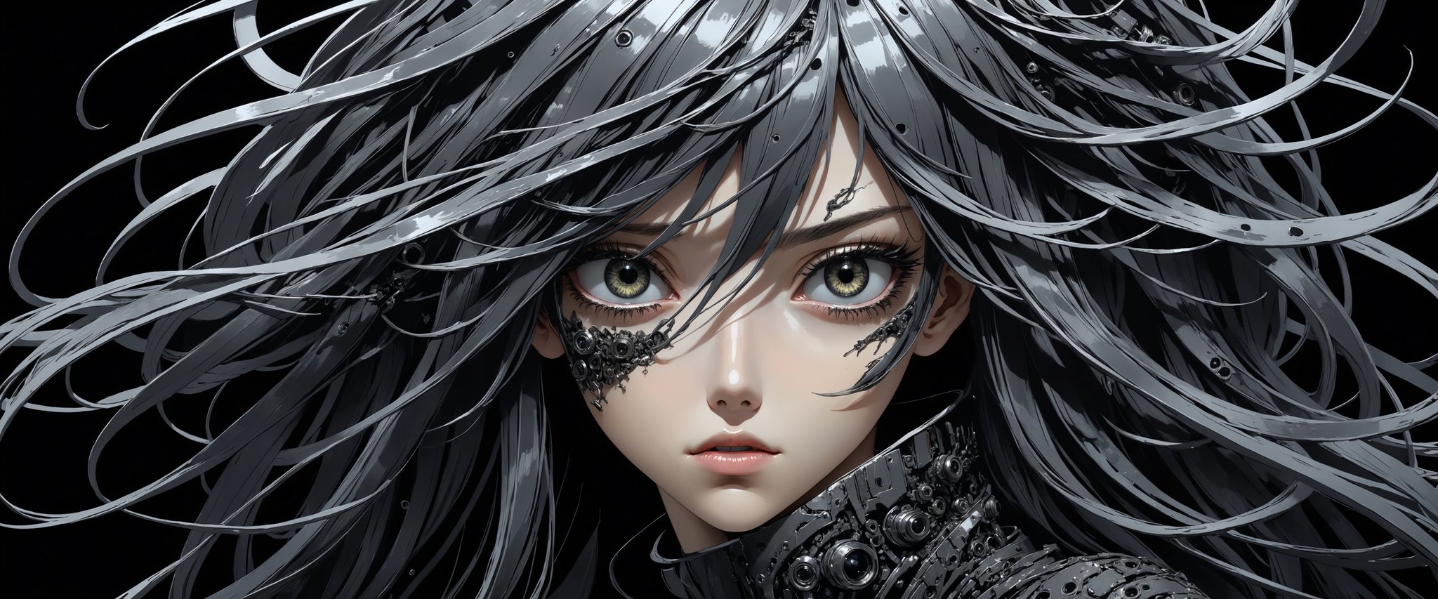 style of Tsutomu Nihei,
(incredibly absurdres, (high resolution:1.18), intricate detail, (masterpiece:1.1), (highest quality:1.1), absurdres) BREAK (1girl, solo, portrait, onyx hair, steel eyes, long hair, detailed eyes), (black background)