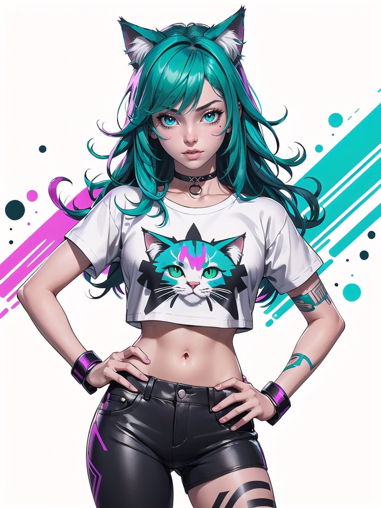 cat girl, cat ears, cyberpunk, long green hair, cosmic eyes, small breasts, crop top t-shirt, hand on hip, choker collar, wrist cuffs, realistic, solo, close up, graffiti, modern, design, white background, abstract, colorful, Grt2c