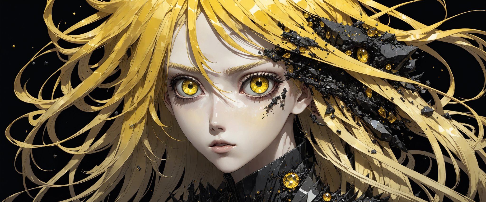 style of Tsutomu Nihei,
(incredibly absurdres, (high resolution:1.18), intricate detail, (masterpiece:1.1), (highest quality:1.1), absurdres) BREAK (1girl, solo, portrait, yellow crystal hair, ((black obsidian eyes)), long hair, detailed eyes), (black background)