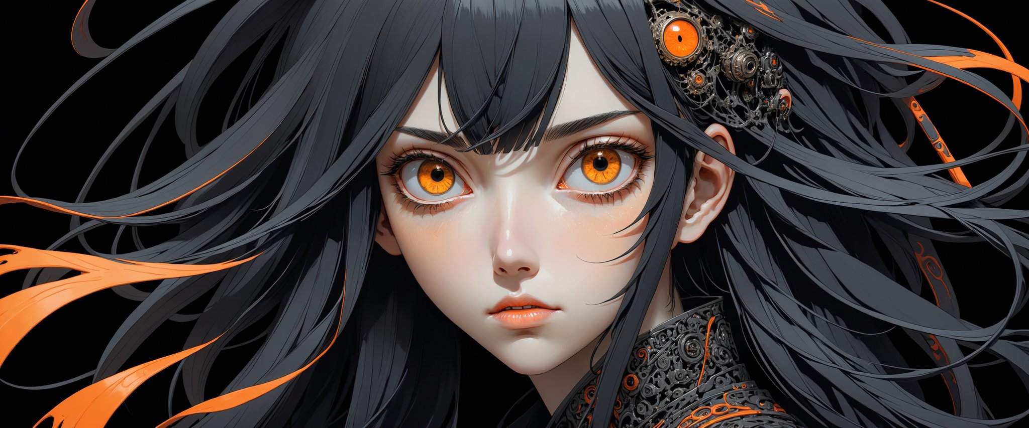 style of Tsutomu Nihei,
(incredibly absurdres, (high resolution:1.18), intricate detail, (masterpiece:1.1), (highest quality:1.1), absurdres) BREAK (1girl, solo, portrait, black hair, orange eyes, long hair, detailed eyes), black background