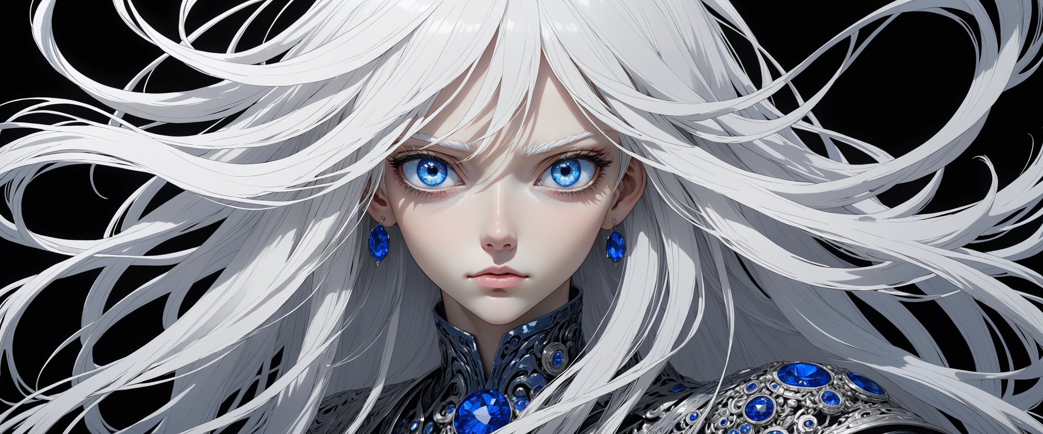 style of Tsutomu Nihei,
(incredibly absurdres, (high resolution:1.18), intricate detail, (masterpiece:1.1), (highest quality:1.1), absurdres) BREAK (1girl, solo, portrait, white hair, blue sapphire eyes, long hair, detailed eyes), black background