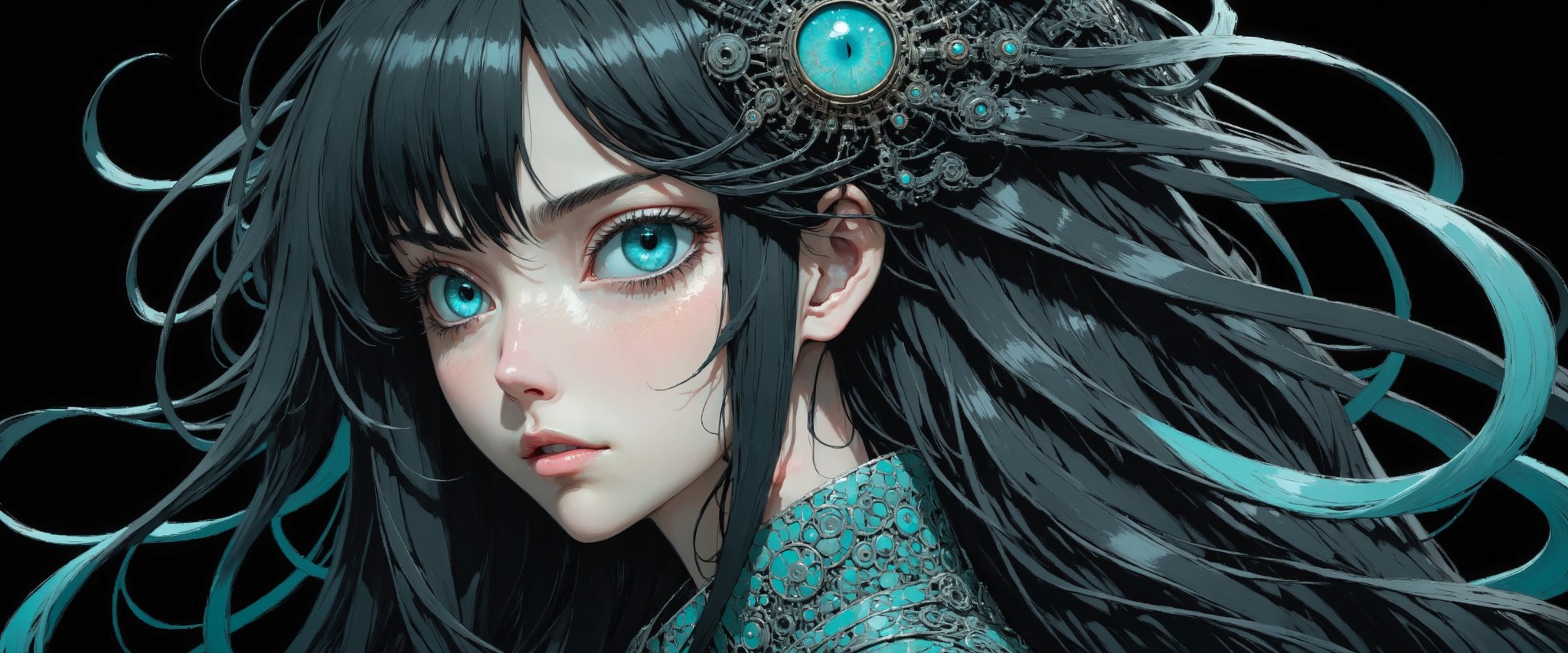 style of Tsutomu Nihei,
(incredibly absurdres, (high resolution:1.18), intricate detail, (masterpiece:1.1), (highest quality:1.1), absurdres) 
BREAK 
(1girl, solo, portrait, black hair, turquoise eyes, long hair, detailed eyes), (black background)