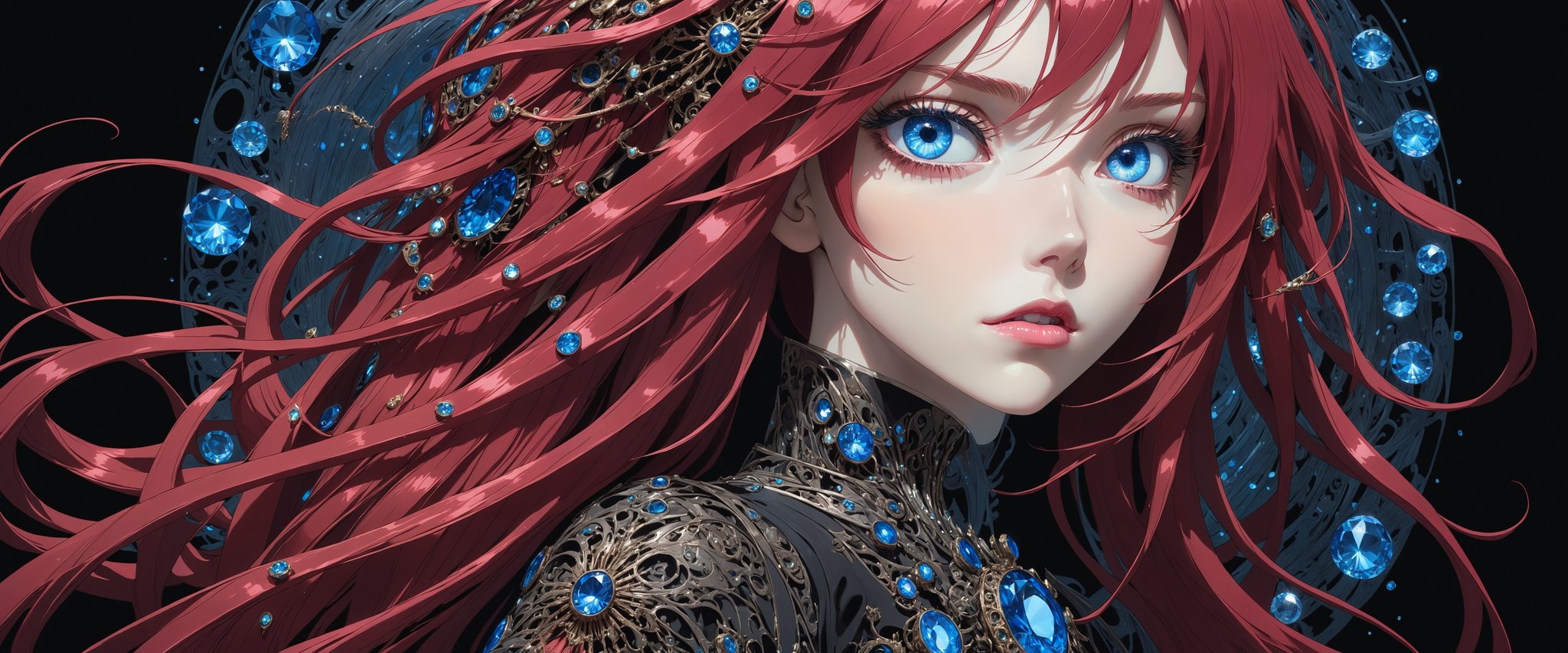 style of Tsutomu Nihei,
(incredibly absurdres, (high resolution:1.18), intricate detail, (masterpiece:1.1), (highest quality:1.1), absurdres) BREAK (1girl, solo, portrait, ruby hair, blue crystal eyes, long hair, detailed eyes), (black background)