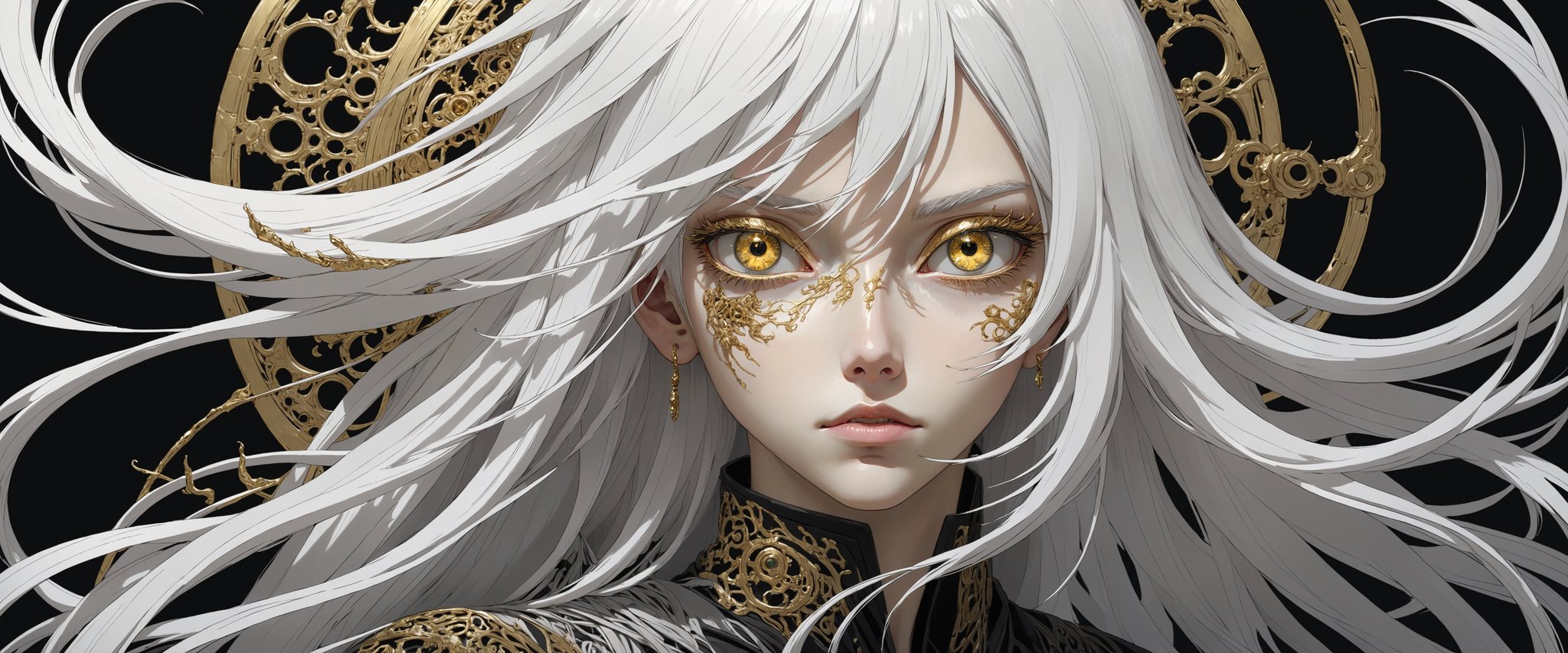 style of Tsutomu Nihei,
(incredibly absurdres, (high resolution:1.18), intricate detail, (masterpiece:1.1), (highest quality:1.1), absurdres) BREAK (1girl, solo, portrait, white hair, gold eyes, long hair, detailed eyes), (black background)