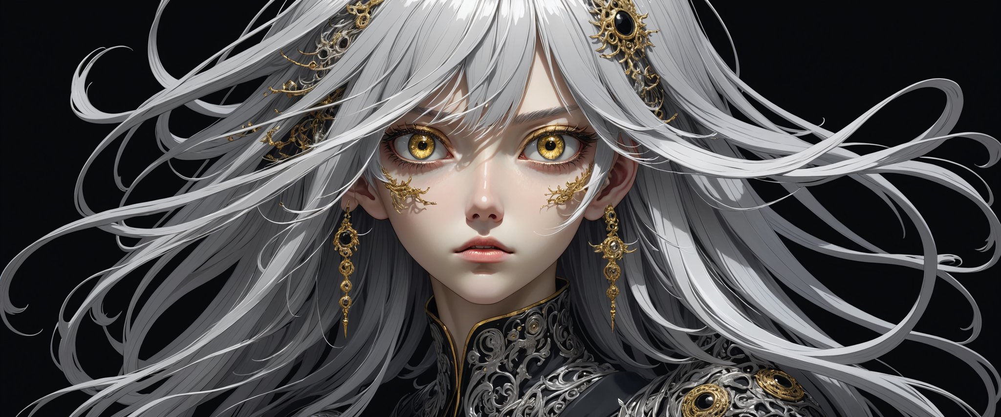 style of Tsutomu Nihei,
(incredibly absurdres, (high resolution:1.18), intricate detail, (masterpiece:1.1), (highest quality:1.1), absurdres) BREAK (1girl, solo, portrait, silver hair, gold eyes, long hair, detailed eyes), (black background)