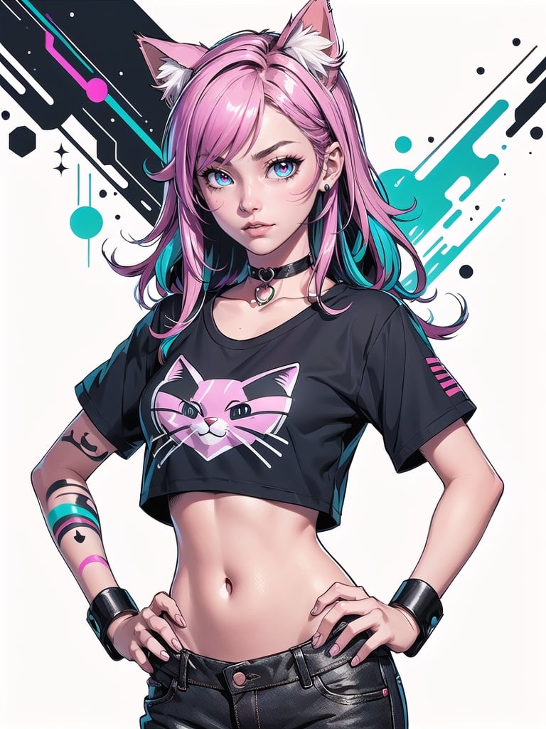 cat girl, cat ears, cyberpunk, long pink hair, cosmic eyes, small breasts, crop top t-shirt, hand on hip, choker collar, wrist cuffs, realistic, solo, close up, graffiti, modern, design, white background, abstract, colorful, Grt2c