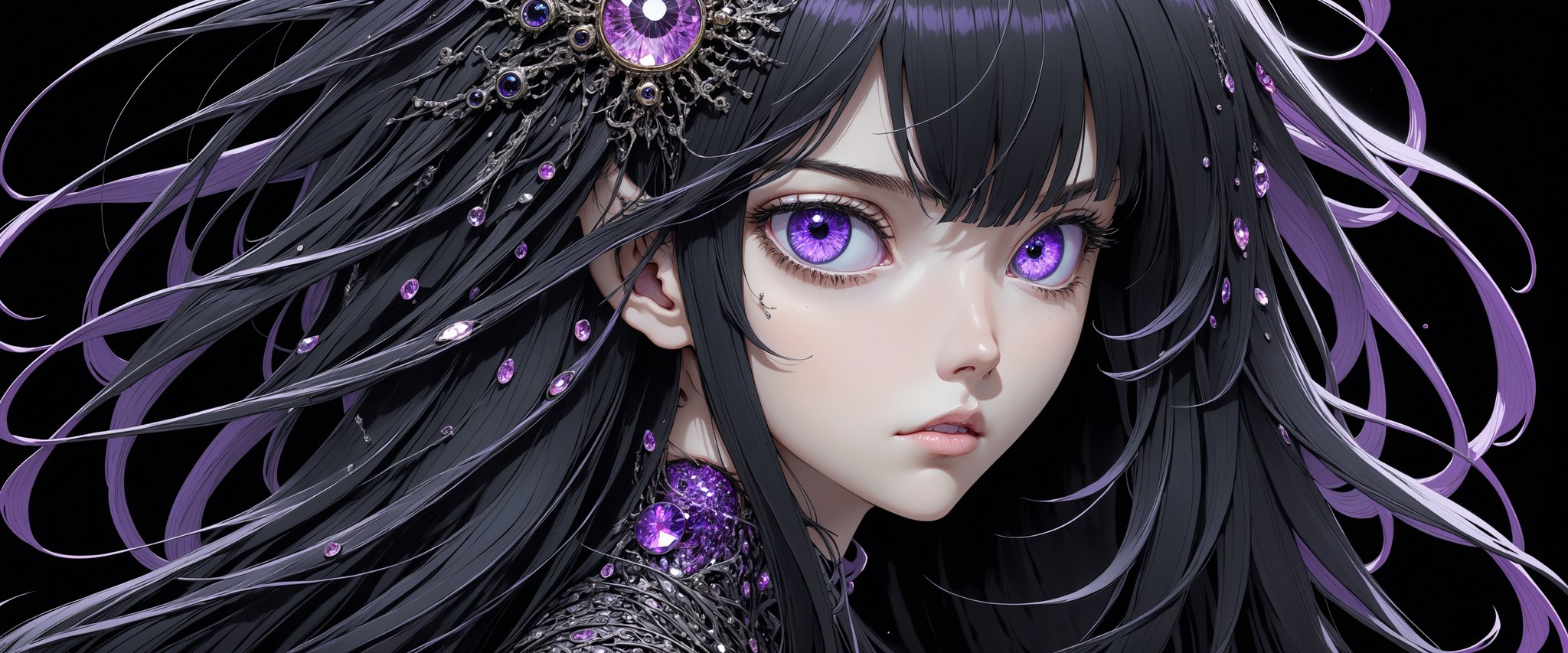 style of Tsutomu Nihei,
(incredibly absurdres, (high resolution:1.18), intricate detail, (masterpiece:1.1), (highest quality:1.1), absurdres) BREAK (1girl, solo, portrait, black hair, violet crystal eyes, long hair, detailed eyes), (black background)