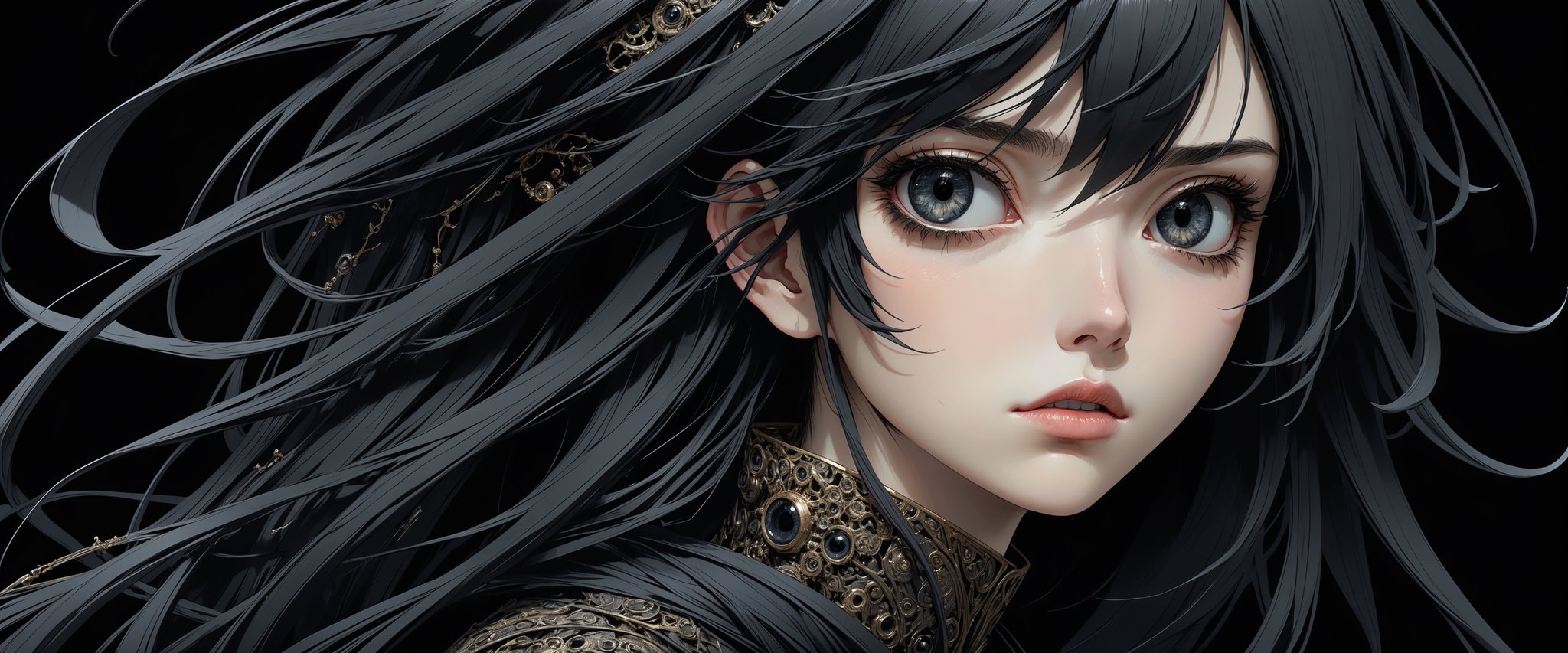 style of Tsutomu Nihei,
(incredibly absurdres, (high resolution:1.18), intricate detail, (masterpiece:1.1), (highest quality:1.1), absurdres) BREAK (1girl, solo, portrait, black hair, obsidian eyes, long hair, detailed eyes), black background