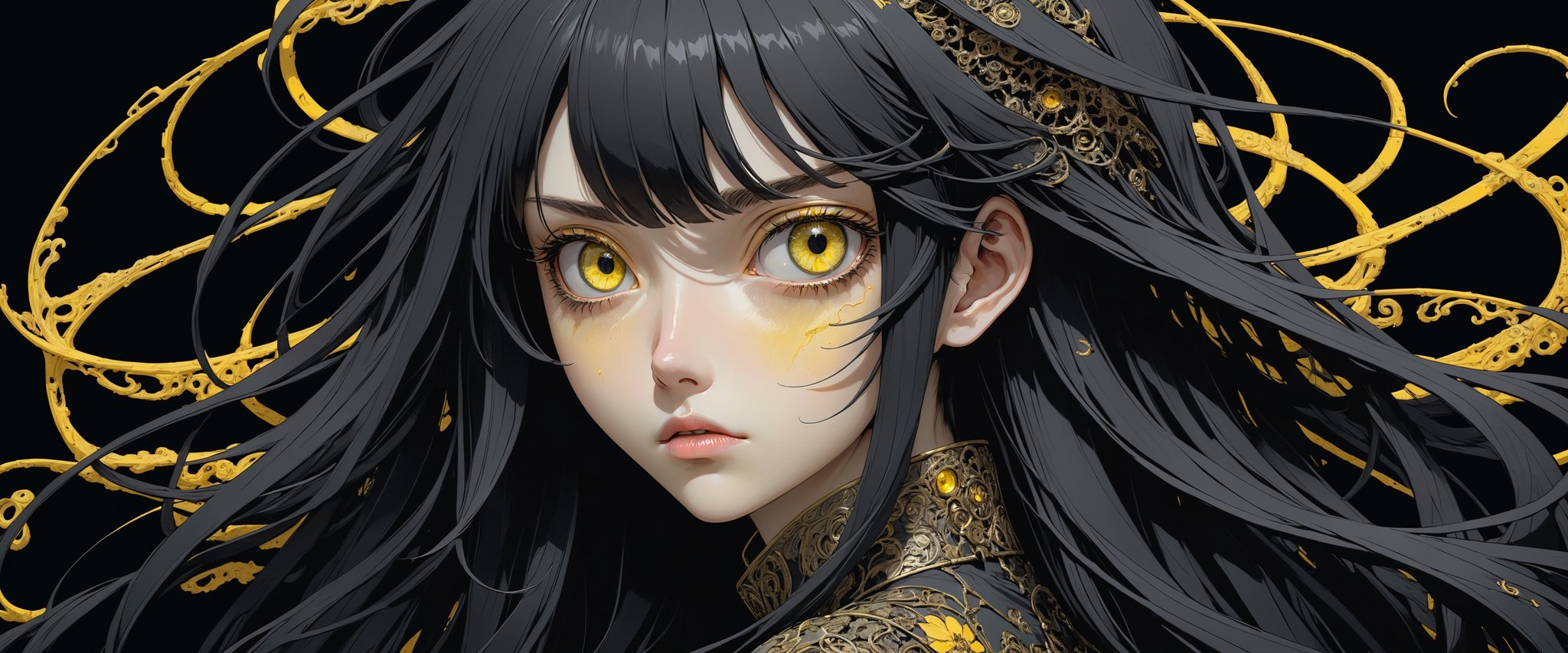 style of Tsutomu Nihei,
(incredibly absurdres, (high resolution:1.18), intricate detail, (masterpiece:1.1), (highest quality:1.1), absurdres) 
BREAK 
(1girl, solo, portrait, black hair, yellow eyes, long hair, detailed eyes), black background