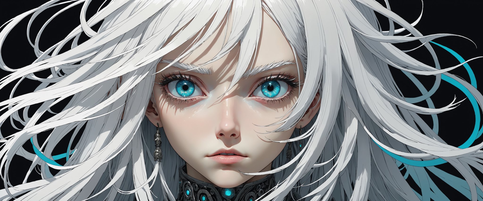 style of Tsutomu Nihei,
(incredibly absurdres, (high resolution:1.18), intricate detail, (masterpiece:1.1), (highest quality:1.1), absurdres) BREAK (1girl, solo, portrait, white hair, cyan eyes, long hair, detailed eyes), black background