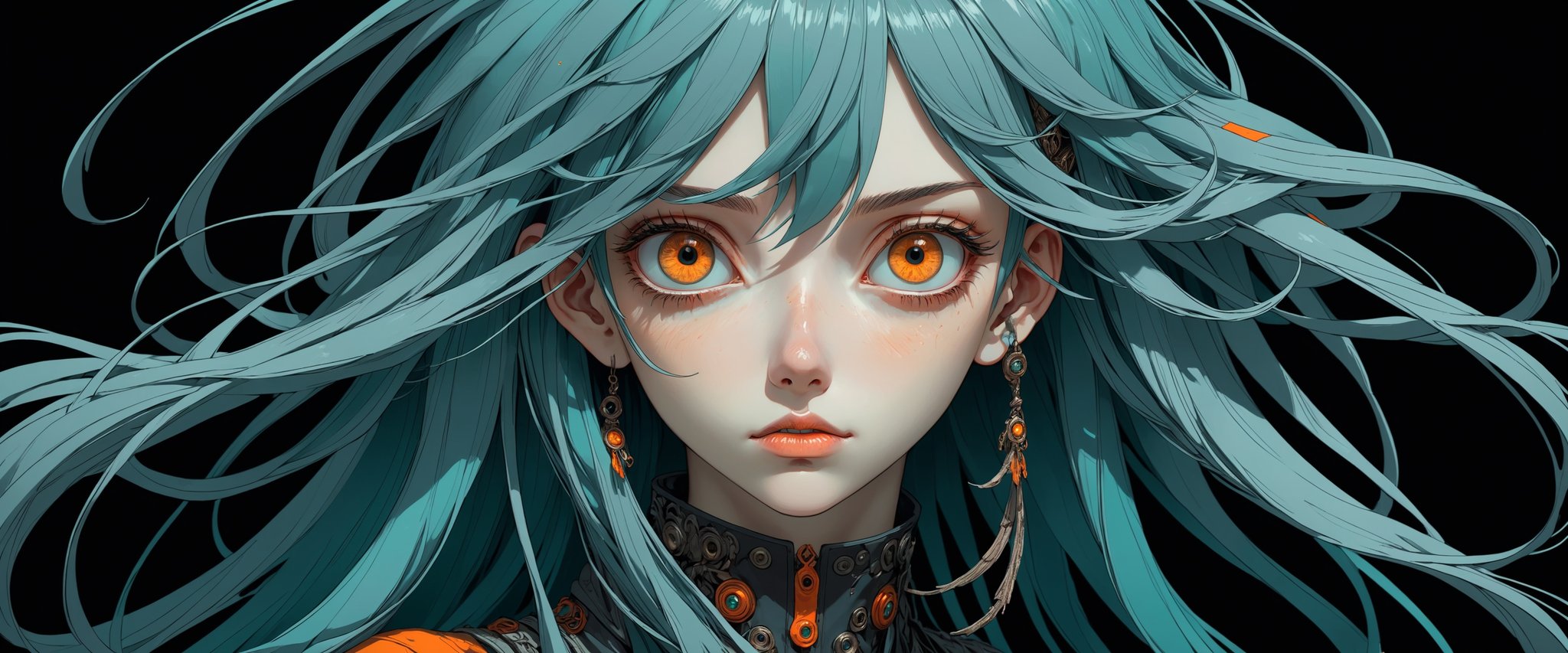 style of Tsutomu Nihei,
(incredibly absurdres, (high resolution:1.18), intricate detail, (masterpiece:1.1), (highest quality:1.1), absurdres) BREAK (1girl, solo, portrait, teal hair, orange eyes, long hair, detailed eyes), (black background)