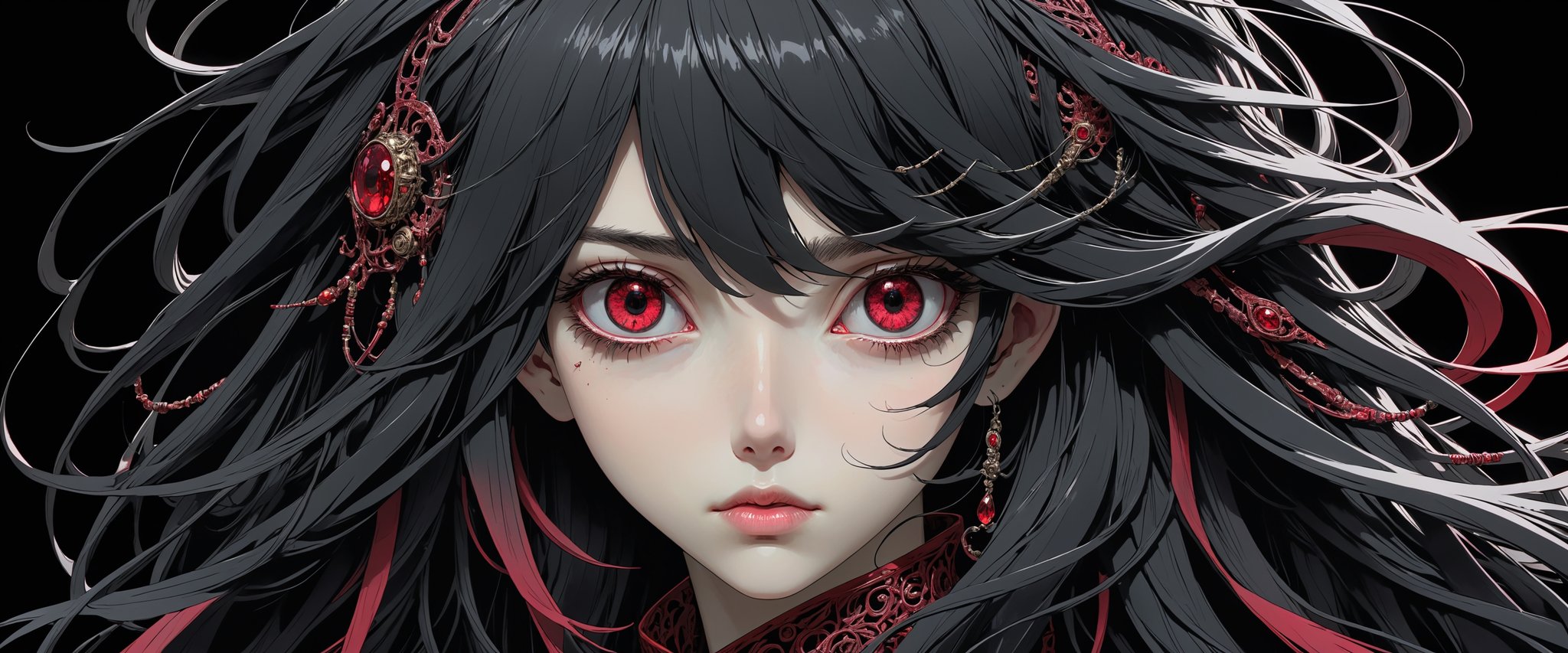 style of Tsutomu Nihei,
(incredibly absurdres, (high resolution:1.18), intricate detail, (masterpiece:1.1), (highest quality:1.1), absurdres) 
BREAK 
(1girl, solo, portrait, black hair, ruby eyes, long hair, detailed eyes), black background