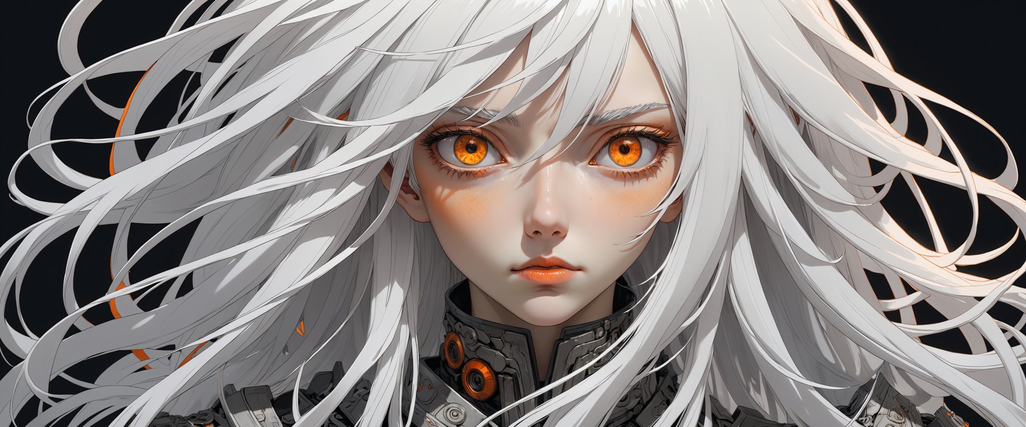 style of Tsutomu Nihei,(incredibly absurdres, (high resolution:1.18), intricate detail, (masterpiece:1.1), (highest quality:1.1), absurdres) BREAK (1girl, solo, portrait, white hair, orange eyes, long hair, detailed eyes),