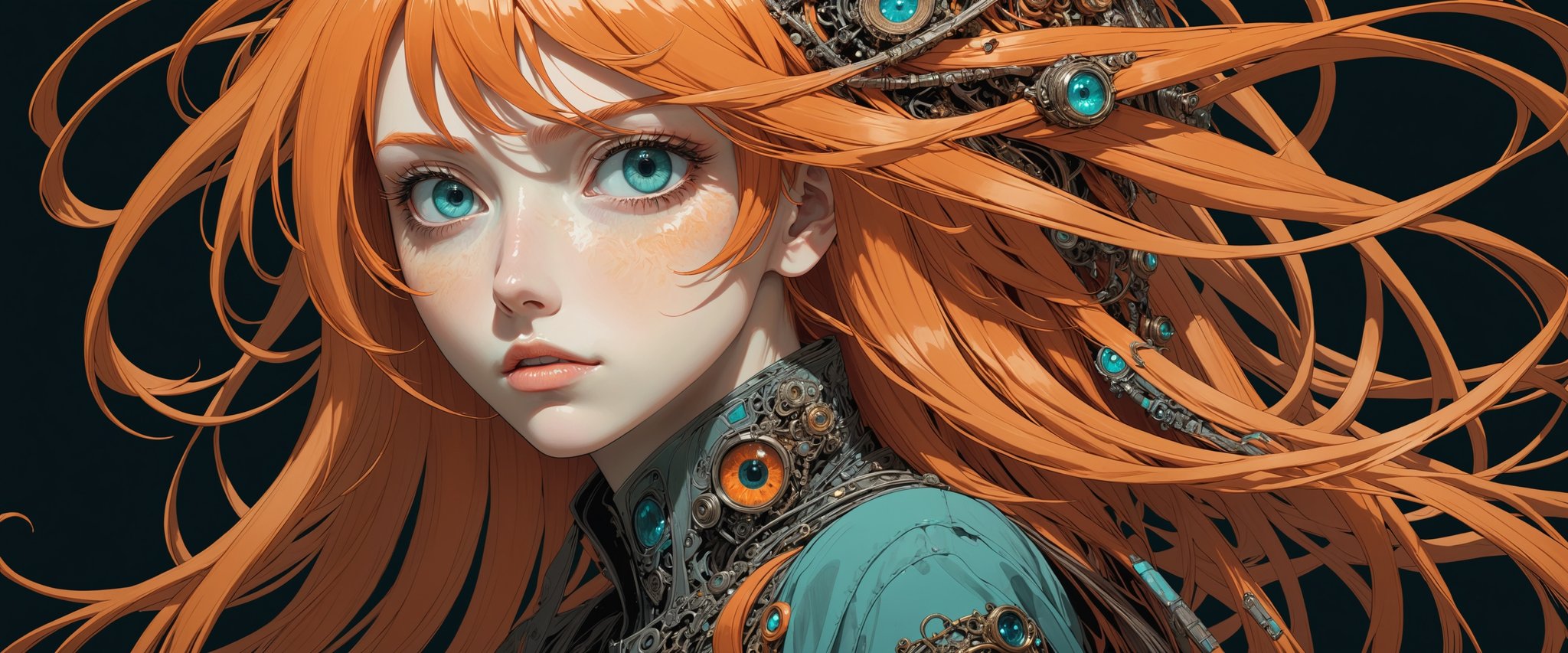 style of Tsutomu Nihei,
(incredibly absurdres, (high resolution:1.18), intricate detail, (masterpiece:1.1), (highest quality:1.1), absurdres) BREAK (1girl, solo, portrait, orange hair, teal eyes, long hair, detailed eyes), (black background)