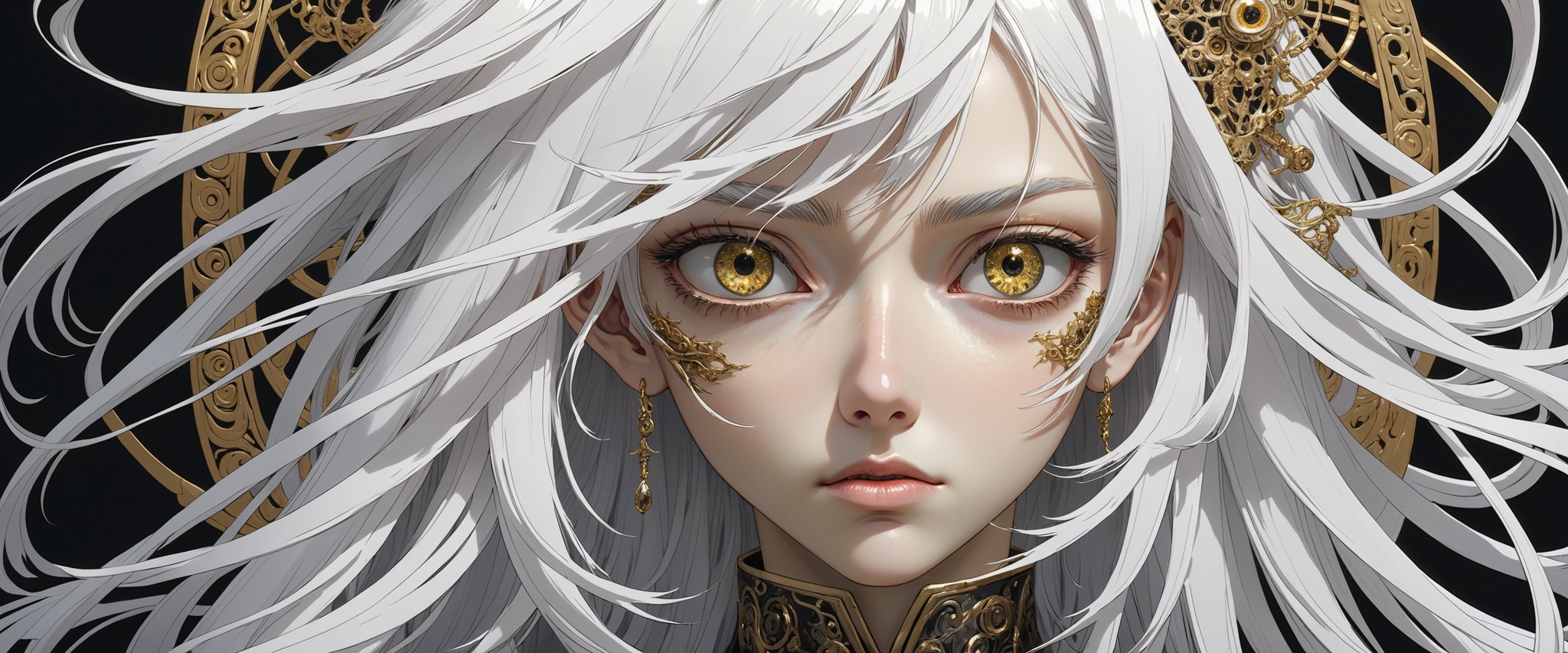 style of Tsutomu Nihei,
(incredibly absurdres, (high resolution:1.18), intricate detail, (masterpiece:1.1), (highest quality:1.1), absurdres) BREAK (1girl, solo, portrait, white hair, gold eyes, long hair, detailed eyes),