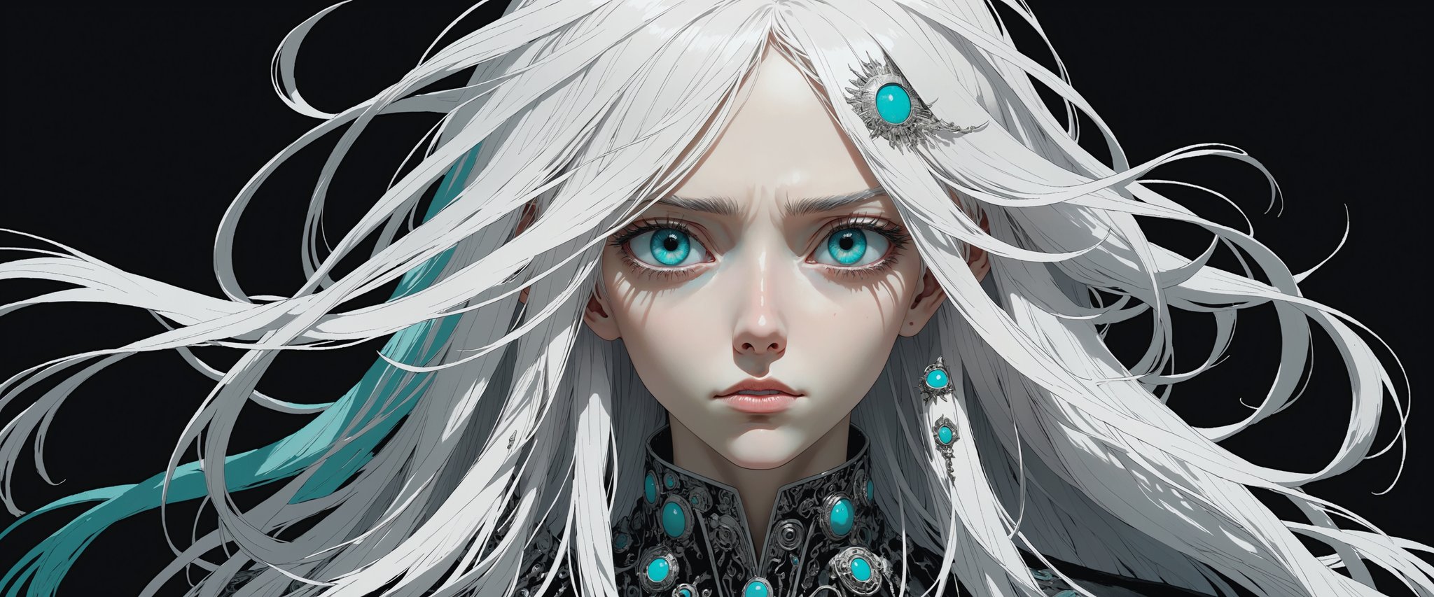 style of Tsutomu Nihei,
(incredibly absurdres, (high resolution:1.18), intricate detail, (masterpiece:1.1), (highest quality:1.1), absurdres) BREAK (1girl, solo, portrait, white hair, turquoise eyes, long hair, detailed eyes), black background