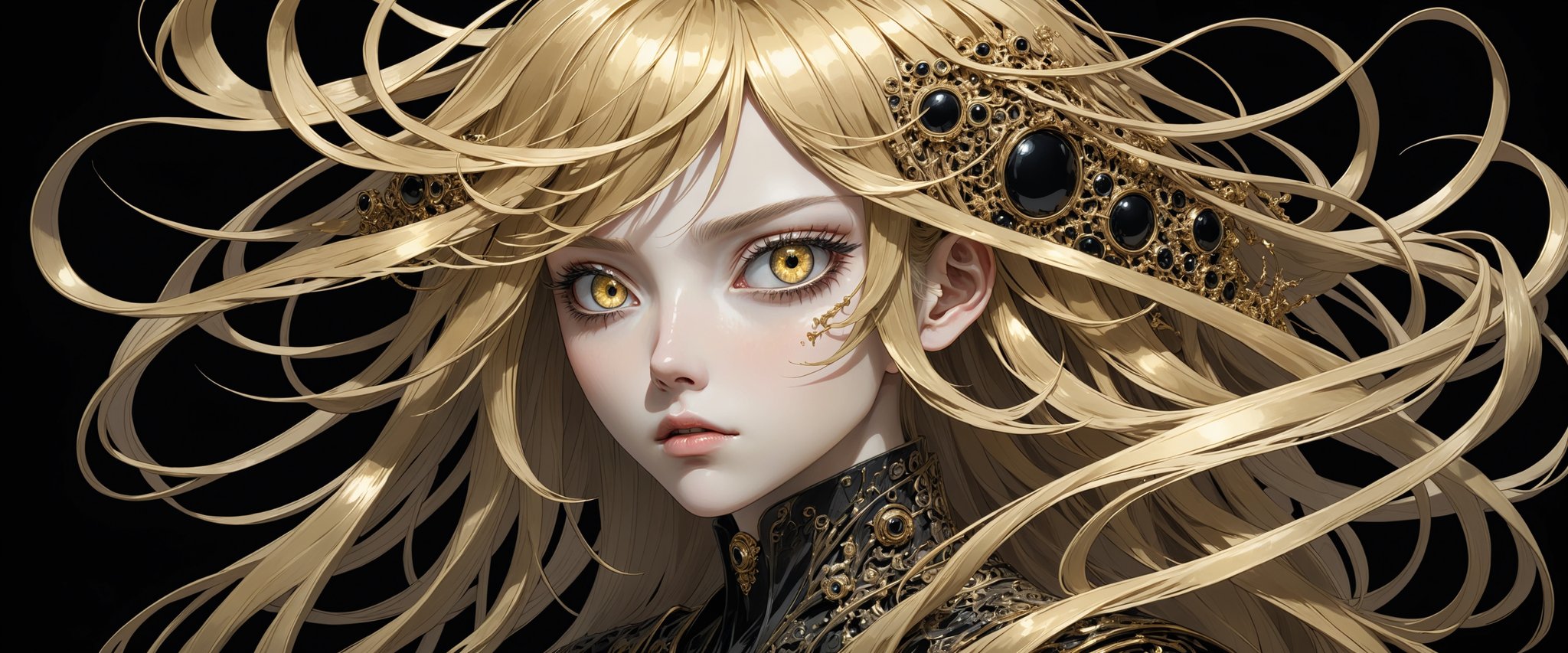 style of Tsutomu Nihei,
(incredibly absurdres, (high resolution:1.18), intricate detail, (masterpiece:1.1), (highest quality:1.1), absurdres) BREAK (1girl, solo, portrait, gold hair, onyx eyes, long hair, detailed eyes), (black background)