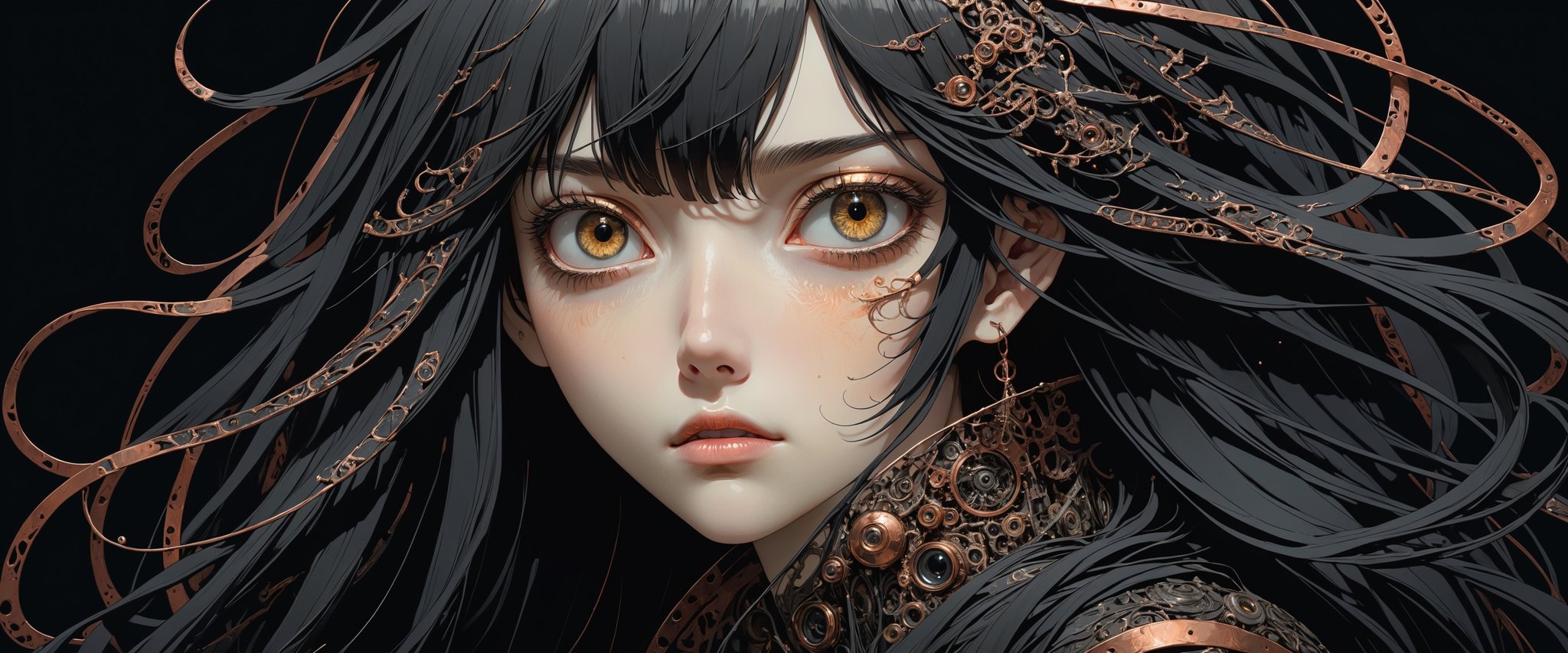 style of Tsutomu Nihei,
(incredibly absurdres, (high resolution:1.18), intricate detail, (masterpiece:1.1), (highest quality:1.1), absurdres) 
BREAK 
(1girl, solo, portrait, black hair, copper eyes, long hair, detailed eyes), (black background)