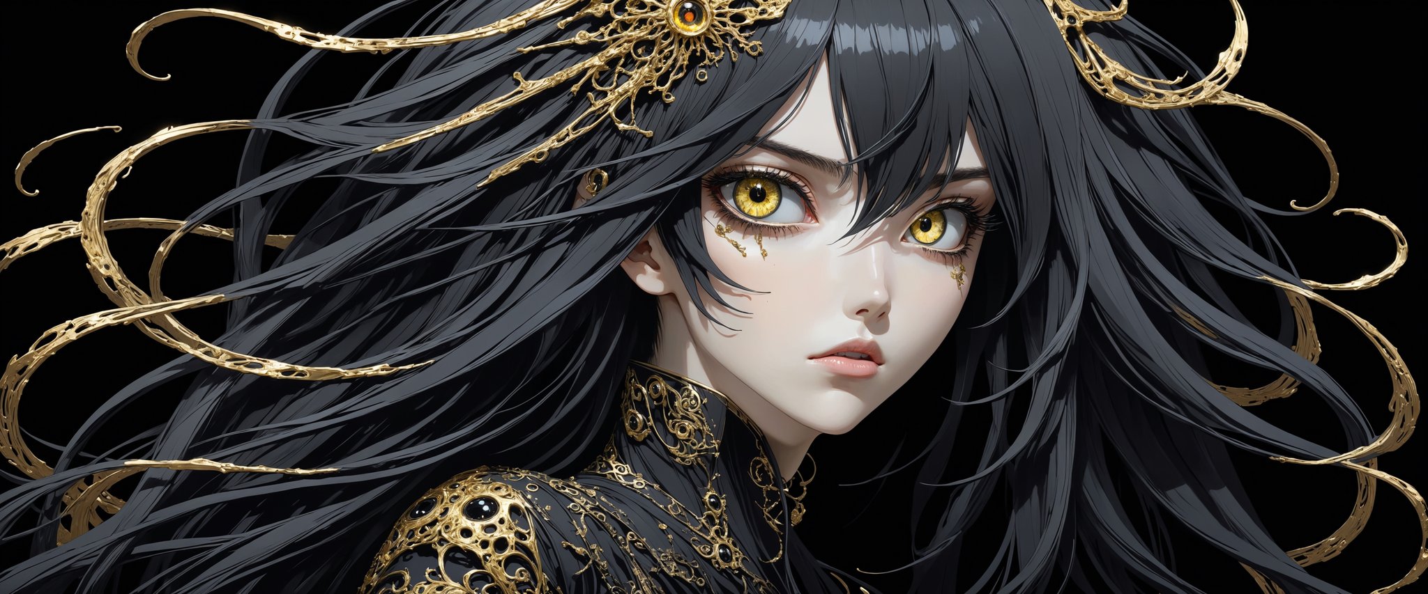 style of Tsutomu Nihei,
(incredibly absurdres, (high resolution:1.18), intricate detail, (masterpiece:1.1), (highest quality:1.1), absurdres) BREAK (1girl, solo, portrait, onyx hair, gold eyes, long hair, detailed eyes), (black background)