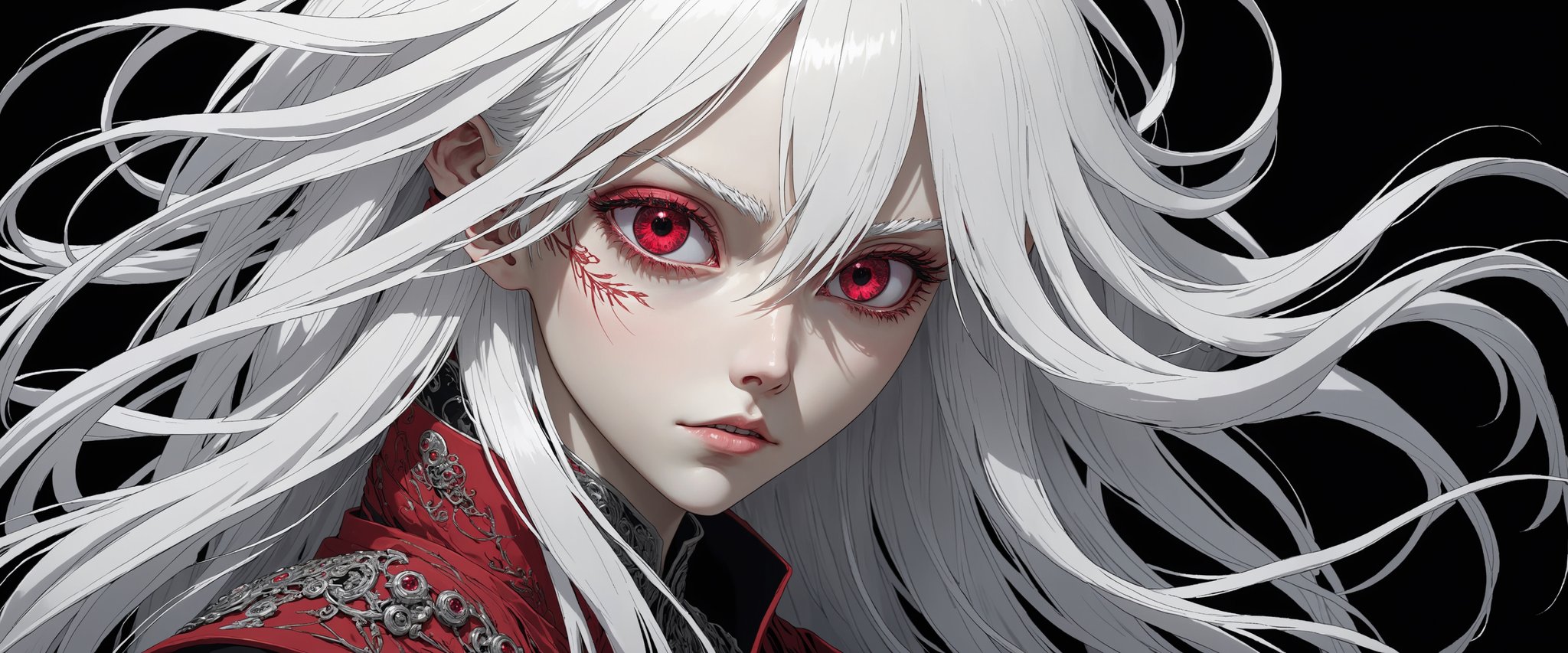 style of Tsutomu Nihei,
(incredibly absurdres, (high resolution:1.18), intricate detail, (masterpiece:1.1), (highest quality:1.1), absurdres) BREAK (1girl, solo, portrait, white hair, ruby eyes, long hair, detailed eyes), black background