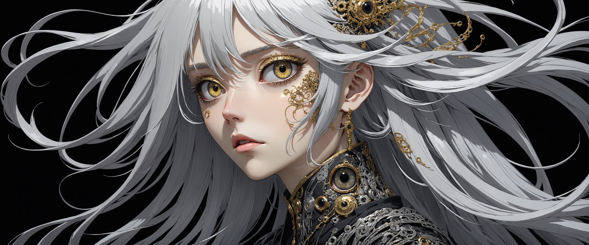 style of Tsutomu Nihei,
(incredibly absurdres, (high resolution:1.18), intricate detail, (masterpiece:1.1), (highest quality:1.1), absurdres) BREAK (1girl, solo, portrait, silver hair, gold eyes, long hair, detailed eyes), (black background)