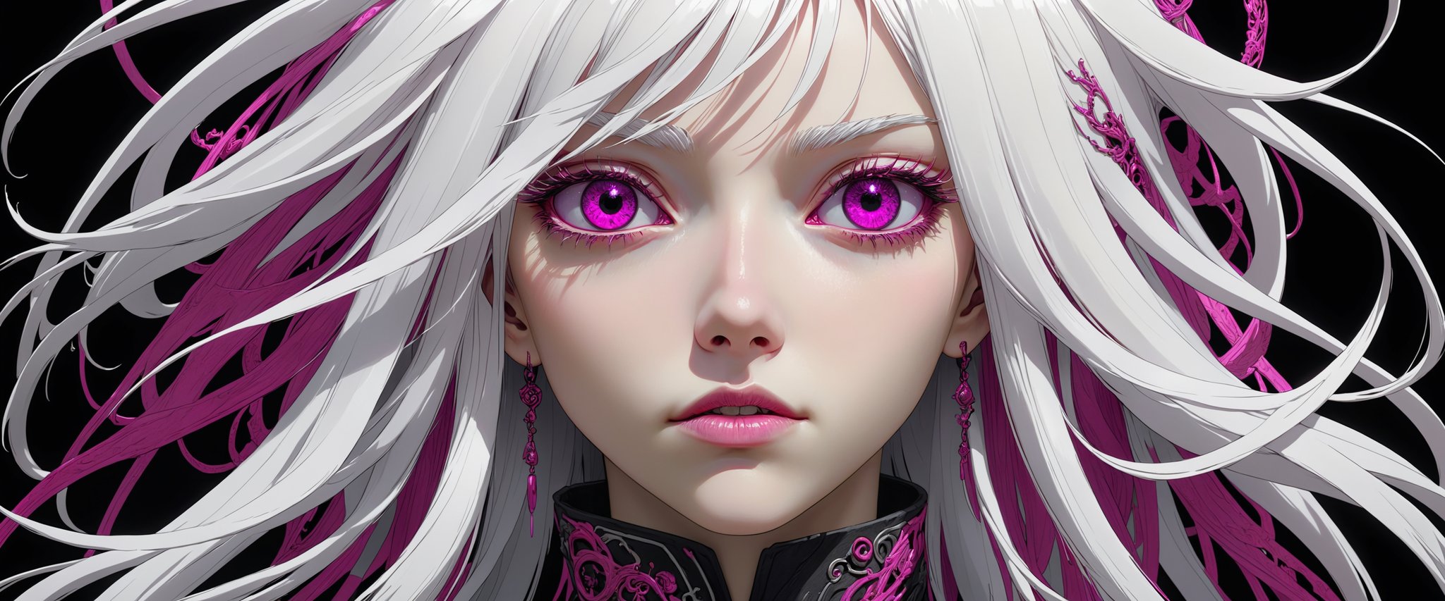 style of Tsutomu Nihei,
(incredibly absurdres, (high resolution:1.18), intricate detail, (masterpiece:1.1), (highest quality:1.1), absurdres) BREAK (1girl, solo, portrait, white hair, magenta eyes, long hair, detailed eyes), black background