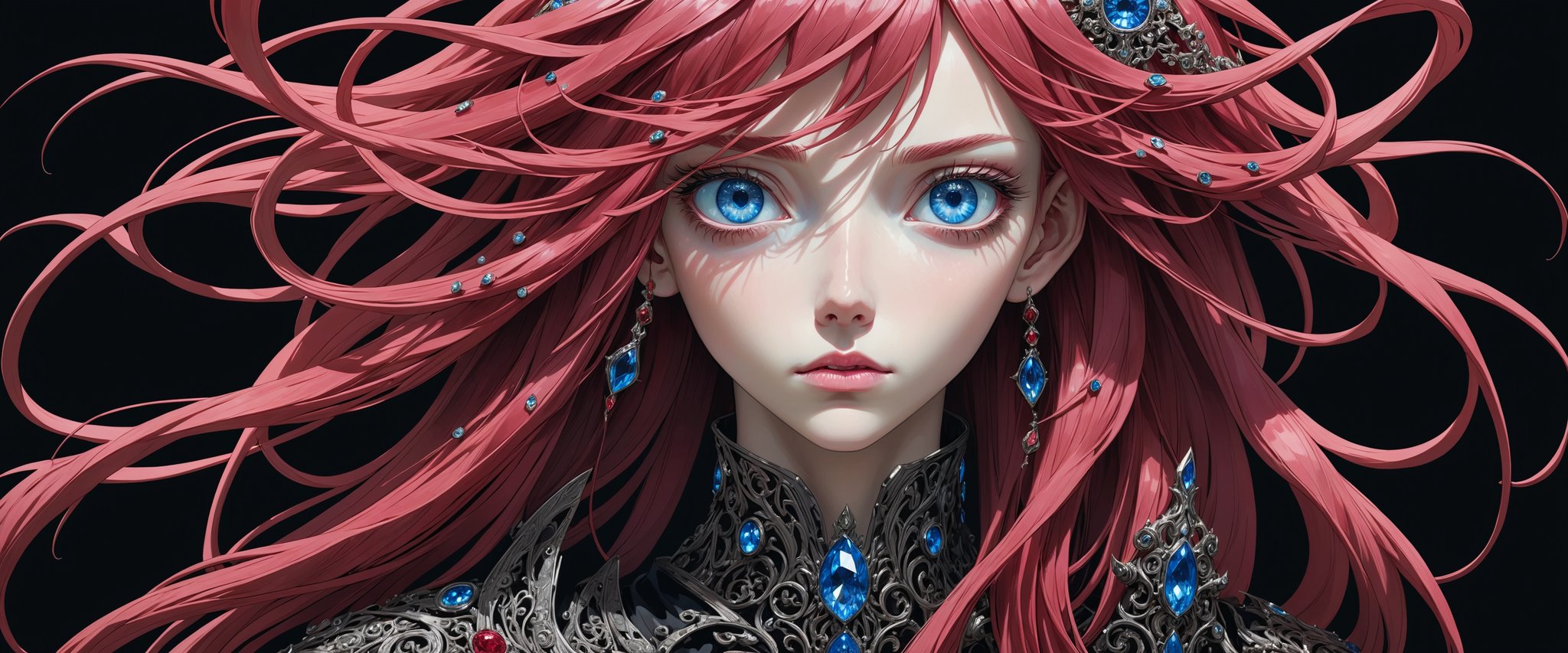 style of Tsutomu Nihei,
(incredibly absurdres, (high resolution:1.18), intricate detail, (masterpiece:1.1), (highest quality:1.1), absurdres) BREAK (1girl, solo, portrait, ruby hair, blue crystal eyes, long hair, detailed eyes), (black background)