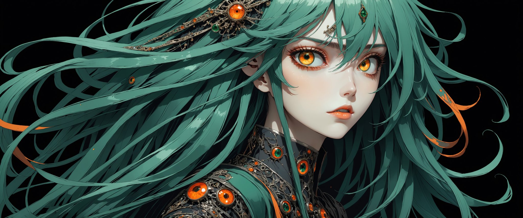 style of Tsutomu Nihei,
(incredibly absurdres, (high resolution:1.18), intricate detail, (masterpiece:1.1), (highest quality:1.1), absurdres) BREAK (1girl, solo, portrait, emerald hair, dark orange eyes, long hair, detailed eyes), (black background)