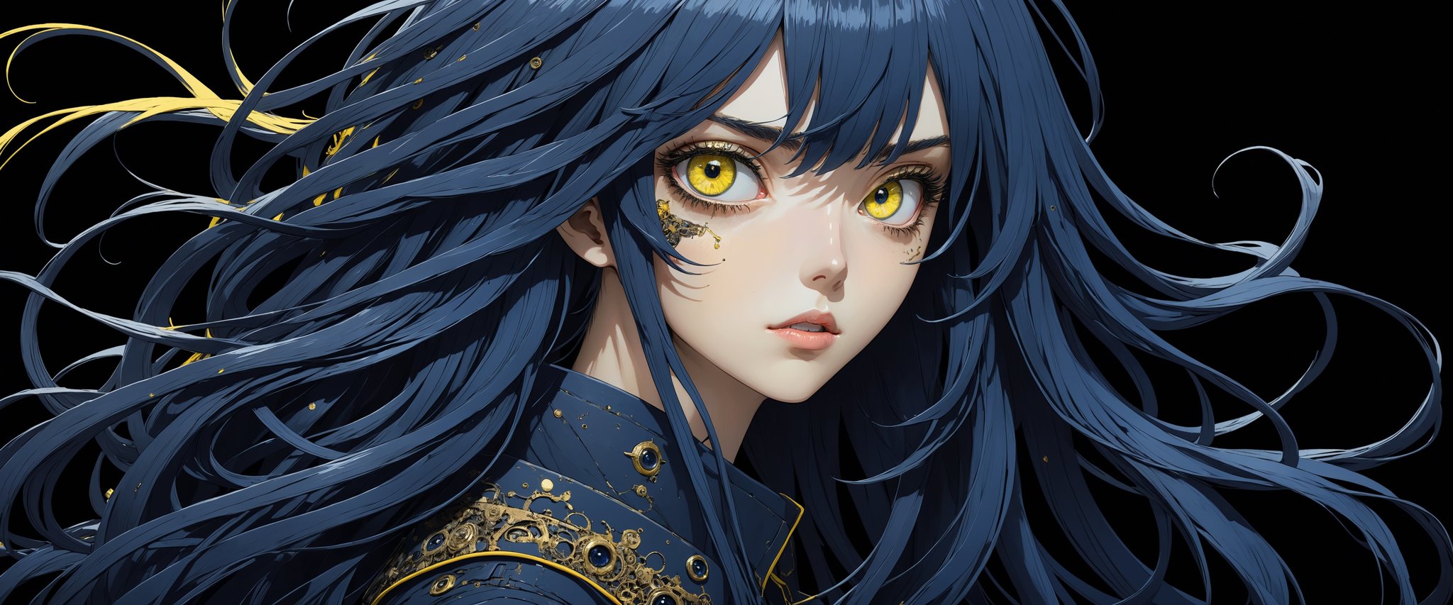 style of Tsutomu Nihei,
(incredibly absurdres, (high resolution:1.18), intricate detail, (masterpiece:1.1), (highest quality:1.1), absurdres) BREAK (1girl, solo, portrait, navy blue hair, yellow eyes, long hair, detailed eyes), (black background)