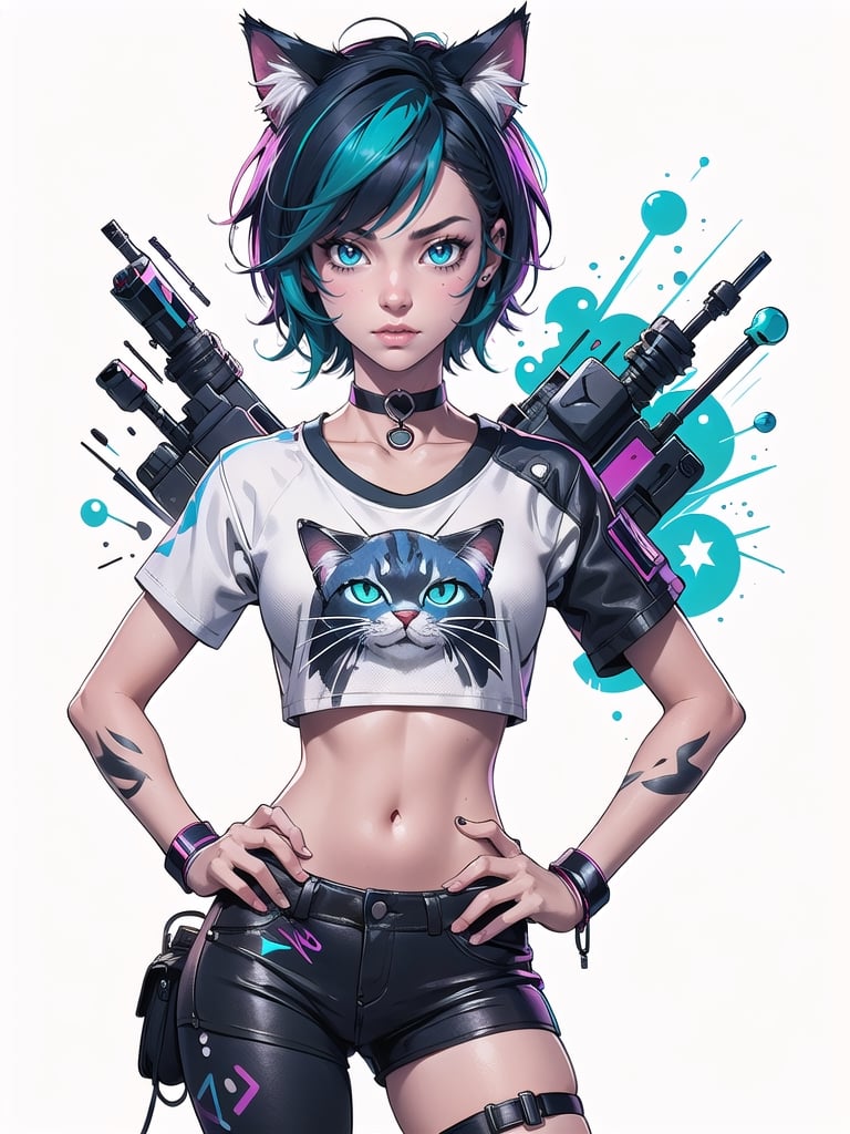 cat girl, cat ears, cyberpunk, short blue hair, cosmic eyes, small breasts, crop top t-shirt, hand on hip, choker collar, wrist cuffs, realistic, solo, close up, graffiti, modern, design, white background, abstract, colorful, Grt2c