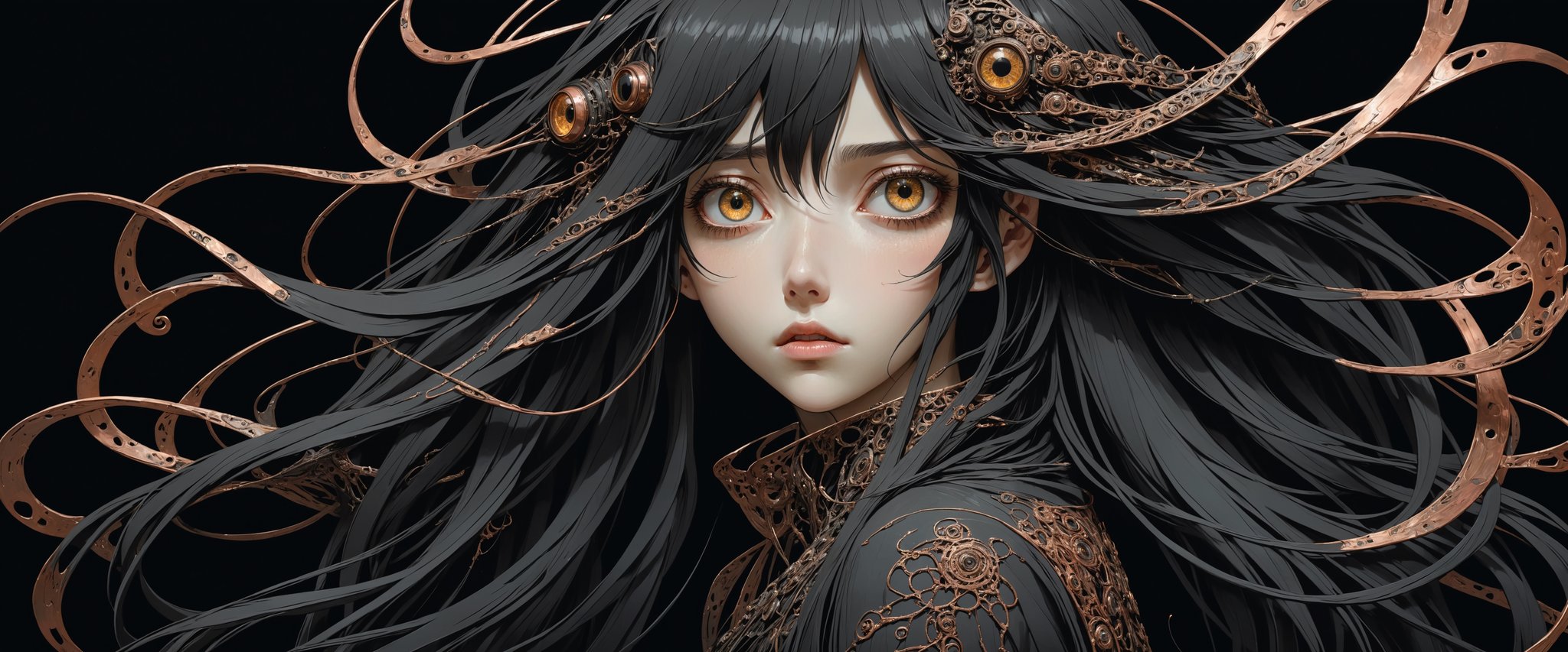 style of Tsutomu Nihei,
(incredibly absurdres, (high resolution:1.18), intricate detail, (masterpiece:1.1), (highest quality:1.1), absurdres) 
BREAK 
(1girl, solo, portrait, black hair, copper eyes, long hair, detailed eyes), (black background)