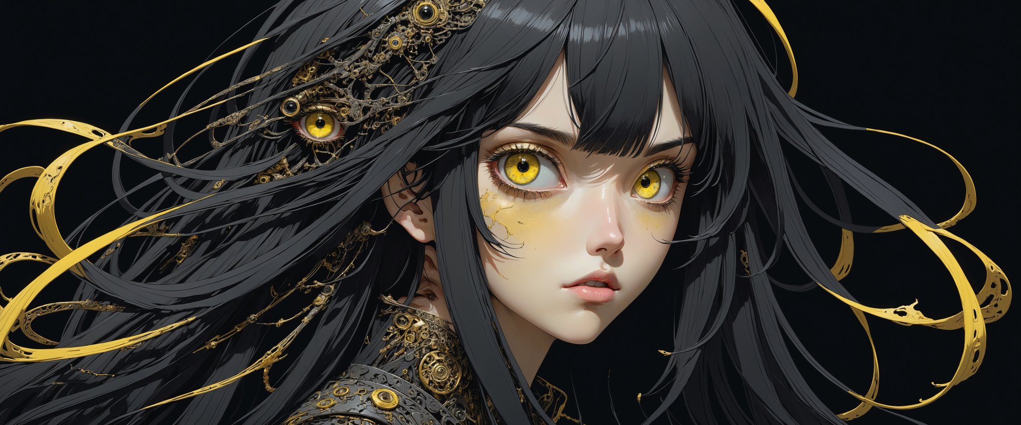 style of Tsutomu Nihei,
(incredibly absurdres, (high resolution:1.18), intricate detail, (masterpiece:1.1), (highest quality:1.1), absurdres) 
BREAK 
(1girl, solo, portrait, black hair, yellow eyes, long hair, detailed eyes), black background