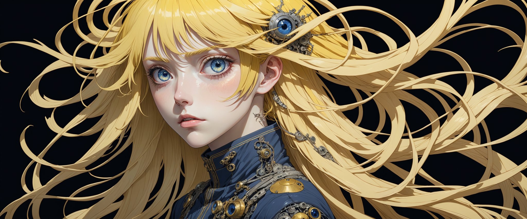 style of Tsutomu Nihei,
(incredibly absurdres, (high resolution:1.18), intricate detail, (masterpiece:1.1), (highest quality:1.1), absurdres) BREAK (1girl, solo, portrait, yellow hair, navy blue eyes, long hair, detailed eyes), (black background)