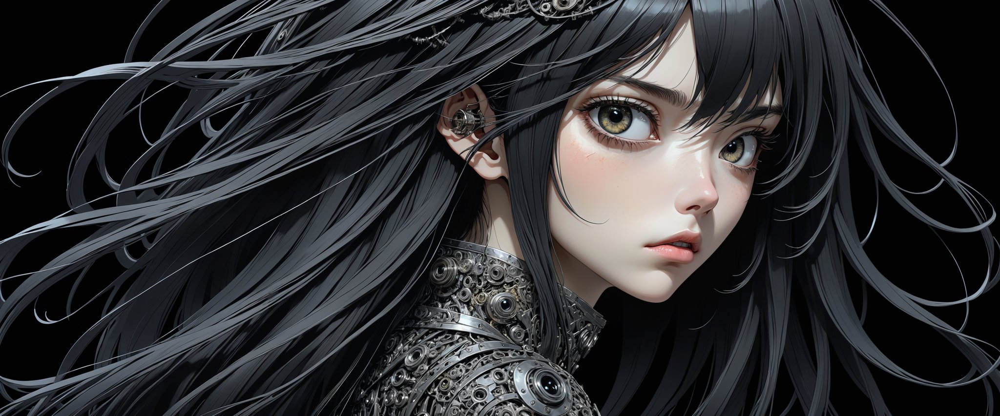 style of Tsutomu Nihei,
(incredibly absurdres, (high resolution:1.18), intricate detail, (masterpiece:1.1), (highest quality:1.1), absurdres) BREAK (1girl, solo, portrait, black hair, stainless steel eyes, long hair, detailed eyes), (black background)