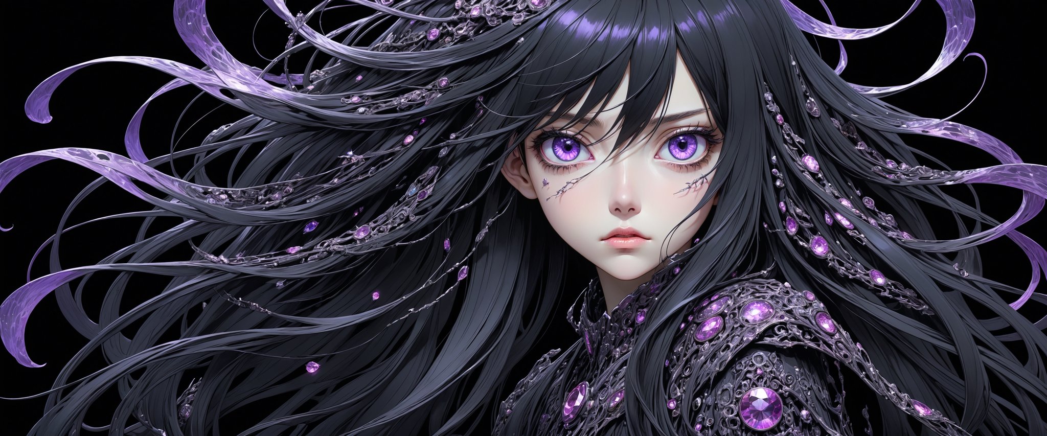 style of Tsutomu Nihei,
(incredibly absurdres, (high resolution:1.18), intricate detail, (masterpiece:1.1), (highest quality:1.1), absurdres) BREAK (1girl, solo, portrait, black hair, violet crystal eyes, long hair, detailed eyes), (black background)