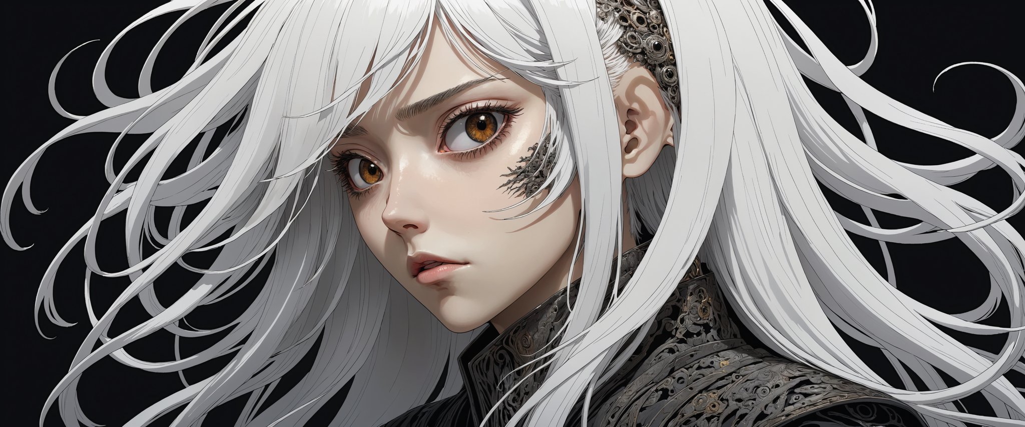 style of Tsutomu Nihei,
(incredibly absurdres, (high resolution:1.18), intricate detail, (masterpiece:1.1), (highest quality:1.1), absurdres) BREAK (1girl, solo, portrait, white hair, dark brown eyes, long hair, detailed eyes), black background