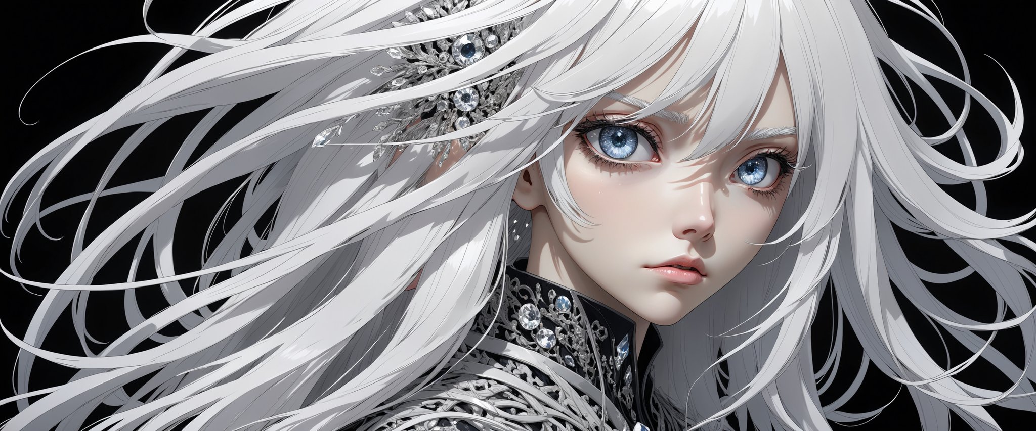 style of Tsutomu Nihei,
(incredibly absurdres, (high resolution:1.18), intricate detail, (masterpiece:1.1), (highest quality:1.1), absurdres) BREAK (1girl, solo, portrait, white hair, white crystal eyes, long hair, detailed eyes), black background