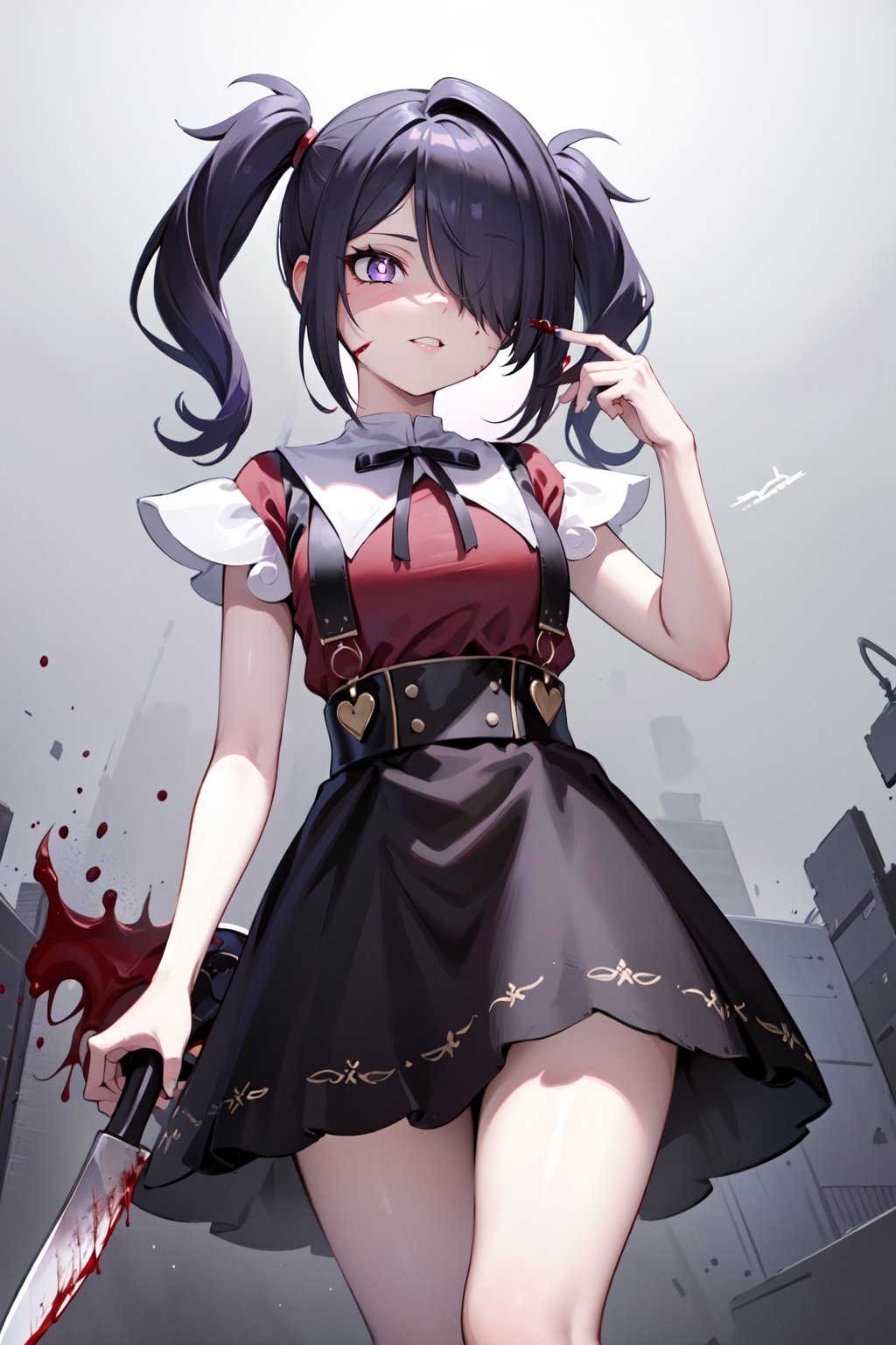 ((masterpiece,best quality)), 1girl, amechan, hair over one eye, red symbol-shaped pupils, holding knife, blood, shaded face, from below, purple_eyes
