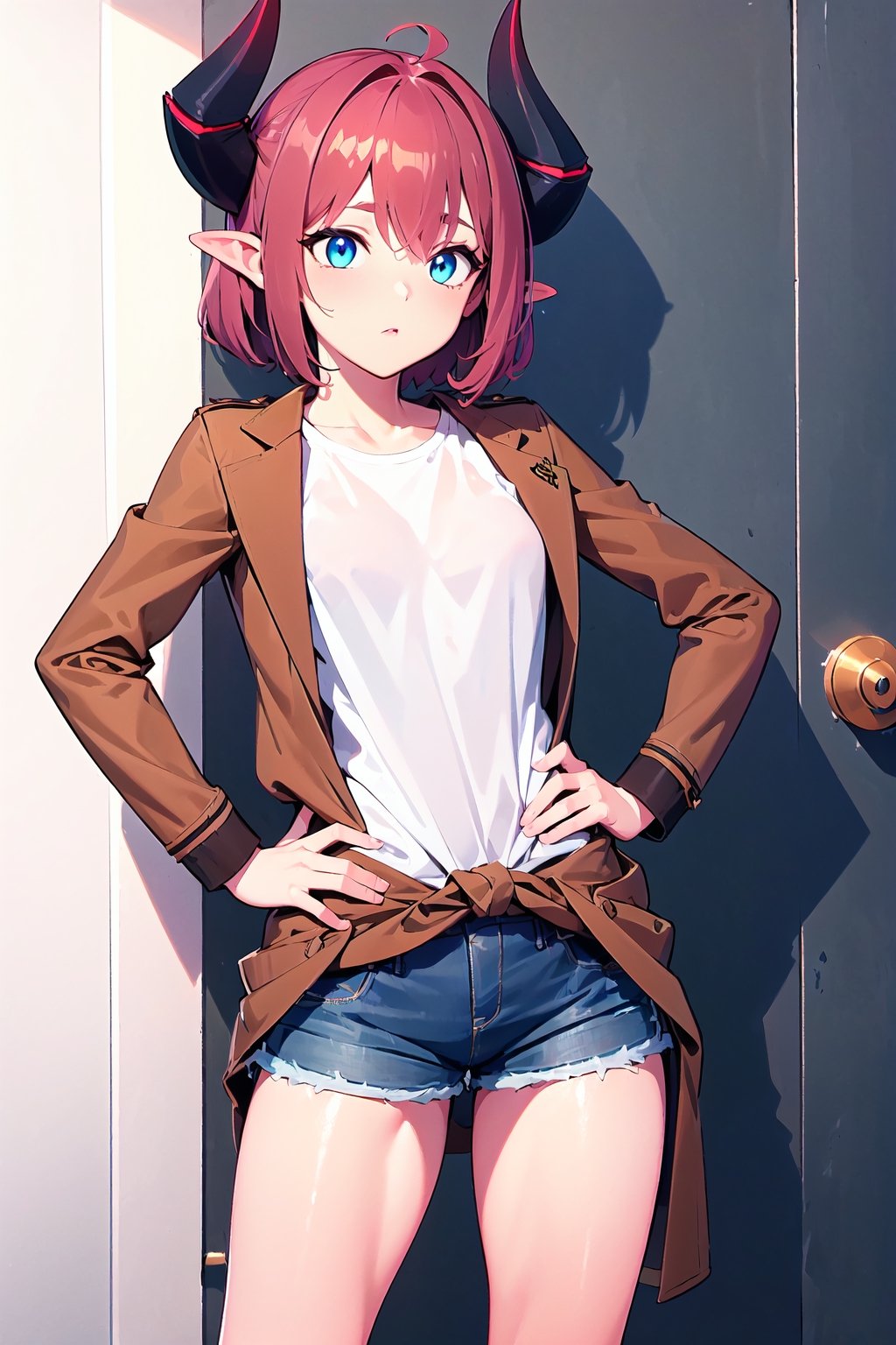 papitasvt, short_hairt, blue eyes, horns, brown hair jacket, denim shorts, hands on waist, masterpiece, best quality, detailed 